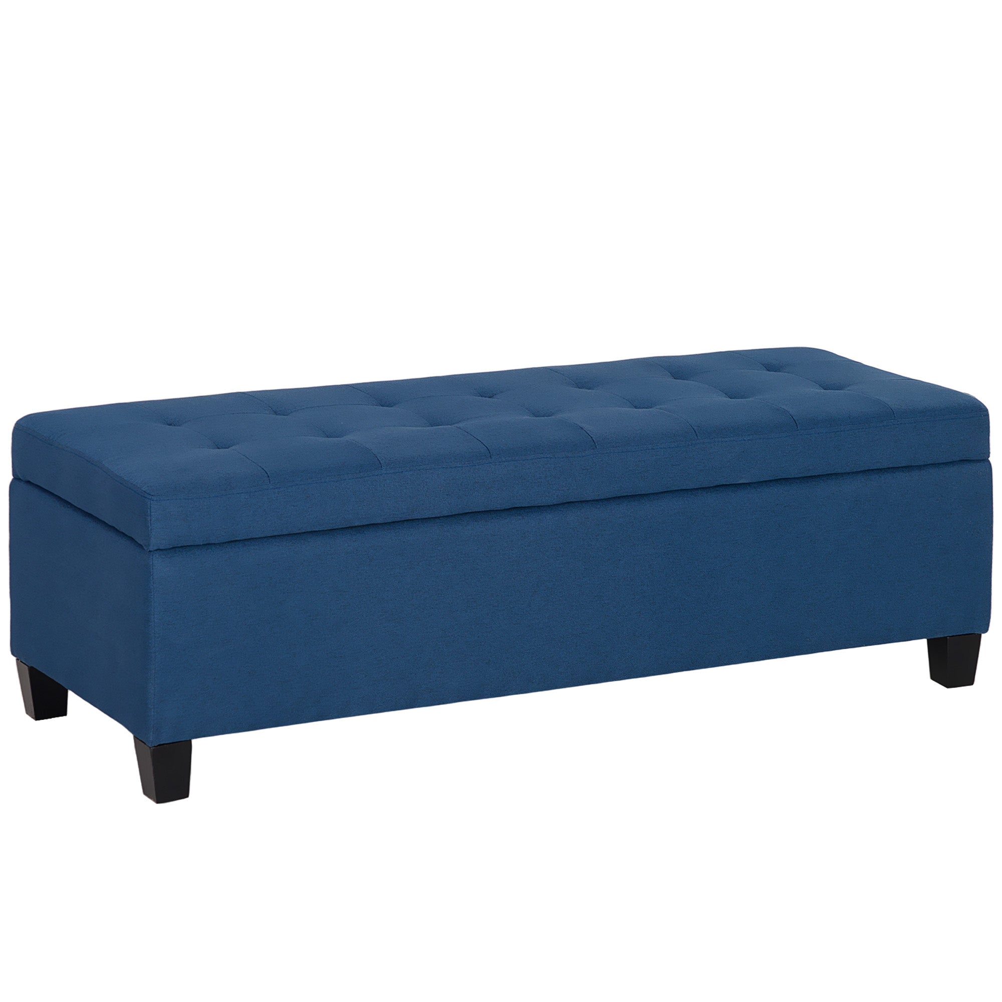 Rectangular Entry Bench, Tufted Upholstered Linen Fabric Wood Feet Storage Ottoman Bench, Blue Storage Ottomans & Benches   at Gallery Canada