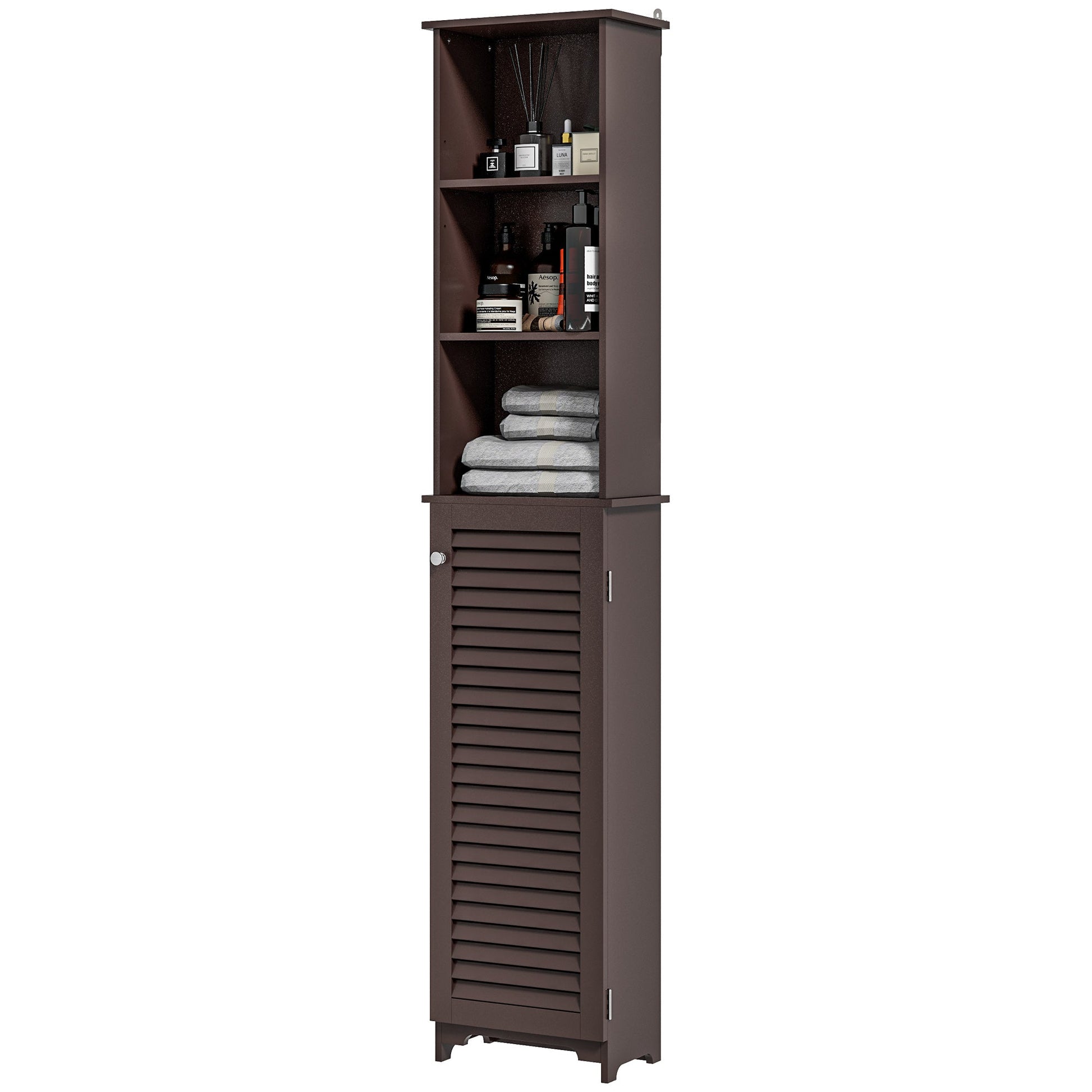 Tall Bathroom Storage Cabinet, Freestanding Linen Tower with 3-Tier Open Adjustable Shelf and Cupboard, Dark Brown Bathroom Cabinets Dark Brown  at Gallery Canada