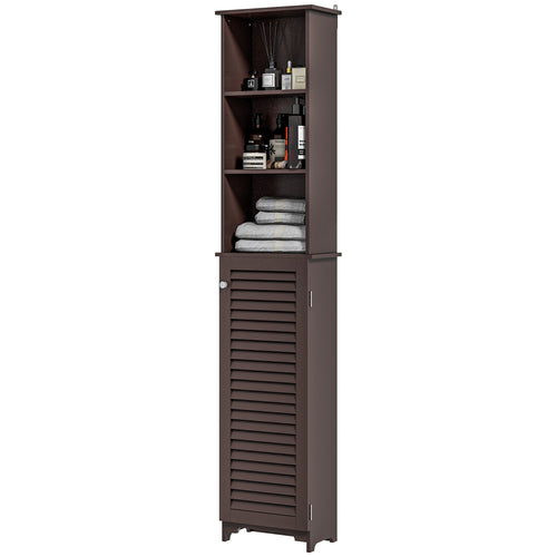 Tall Bathroom Storage Cabinet, Freestanding Linen Tower with 3-Tier Open Adjustable Shelf and Cupboard, Dark Brown