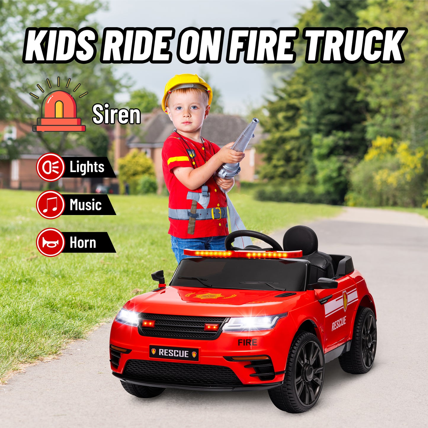 12V Kids Electric Fire Truck w/ Remote Control, Spring Suspension, Training Wheel, Siren, Music, Light, Horn, Red Electric Toy Cars   at Gallery Canada