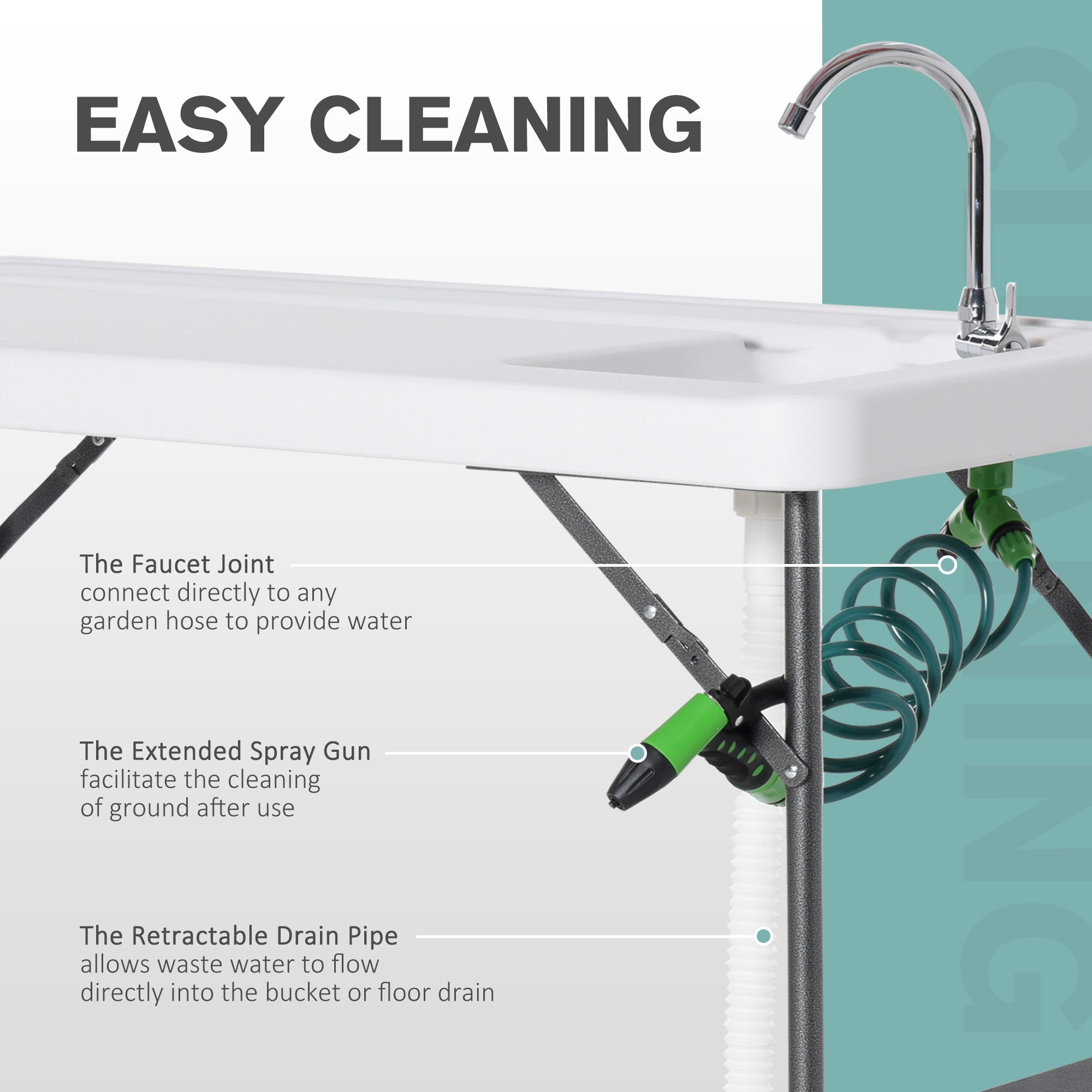 Folding Table Fish Table Cleaning Wash Table with Sink, Faucet and Spray Cleaner for BBQ Camping Picnic Garden 45