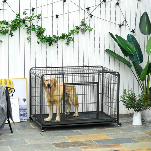 Folding Dog Crate Heavy Duty Cage for Extra Large Sized Dogs with Double Doors, Lockable Wheels Tray, 49