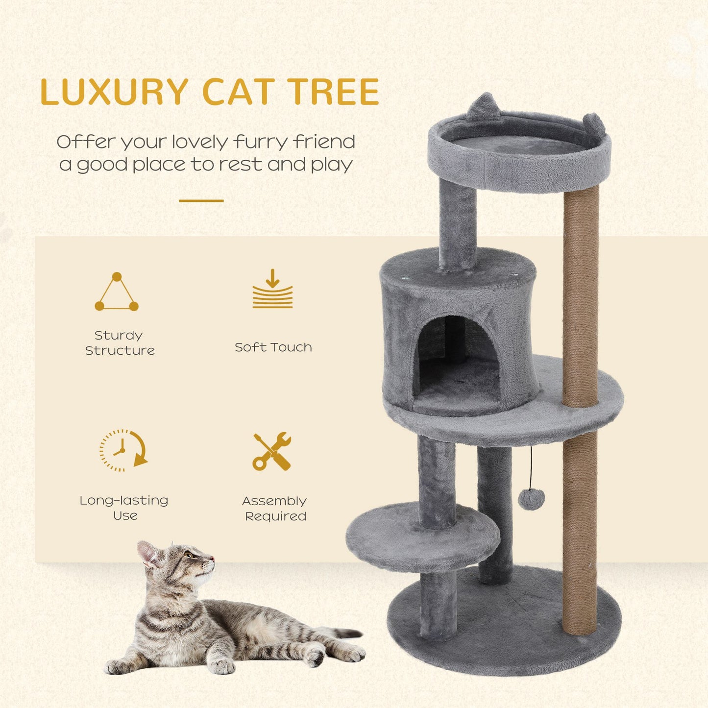 41" Cat Tree Tower with Condo, Scratching Posts and Hanging Ball, Grey Cat Towers   at Gallery Canada