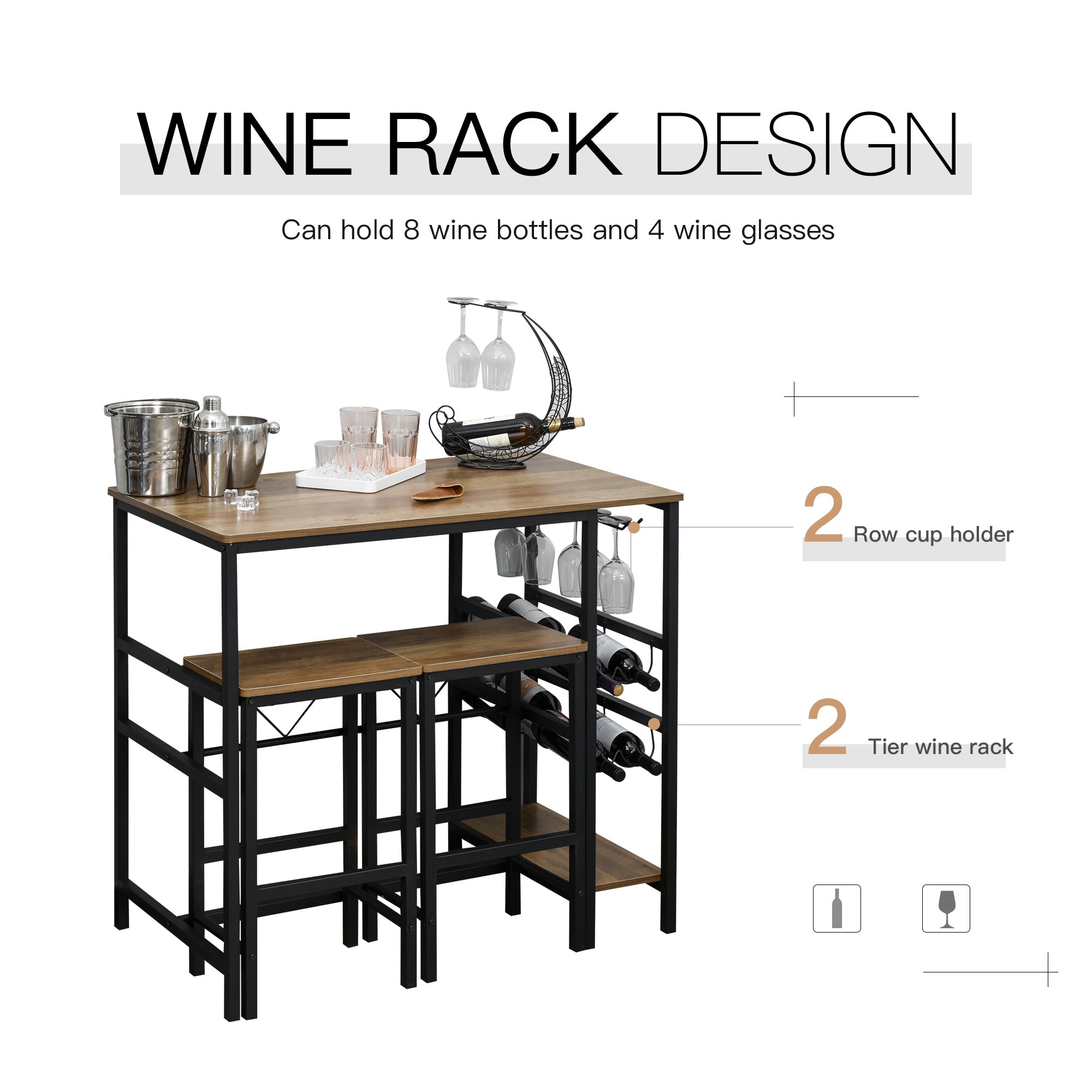 3 Pieces Bar Table Set, Counter Height Table with 8-bottle Wine Rack and Cup Holder, 2 Stools with Metal Frame for Kitchen, Dining Room, Living Room, Pub Bar Sets at Gallery Canada