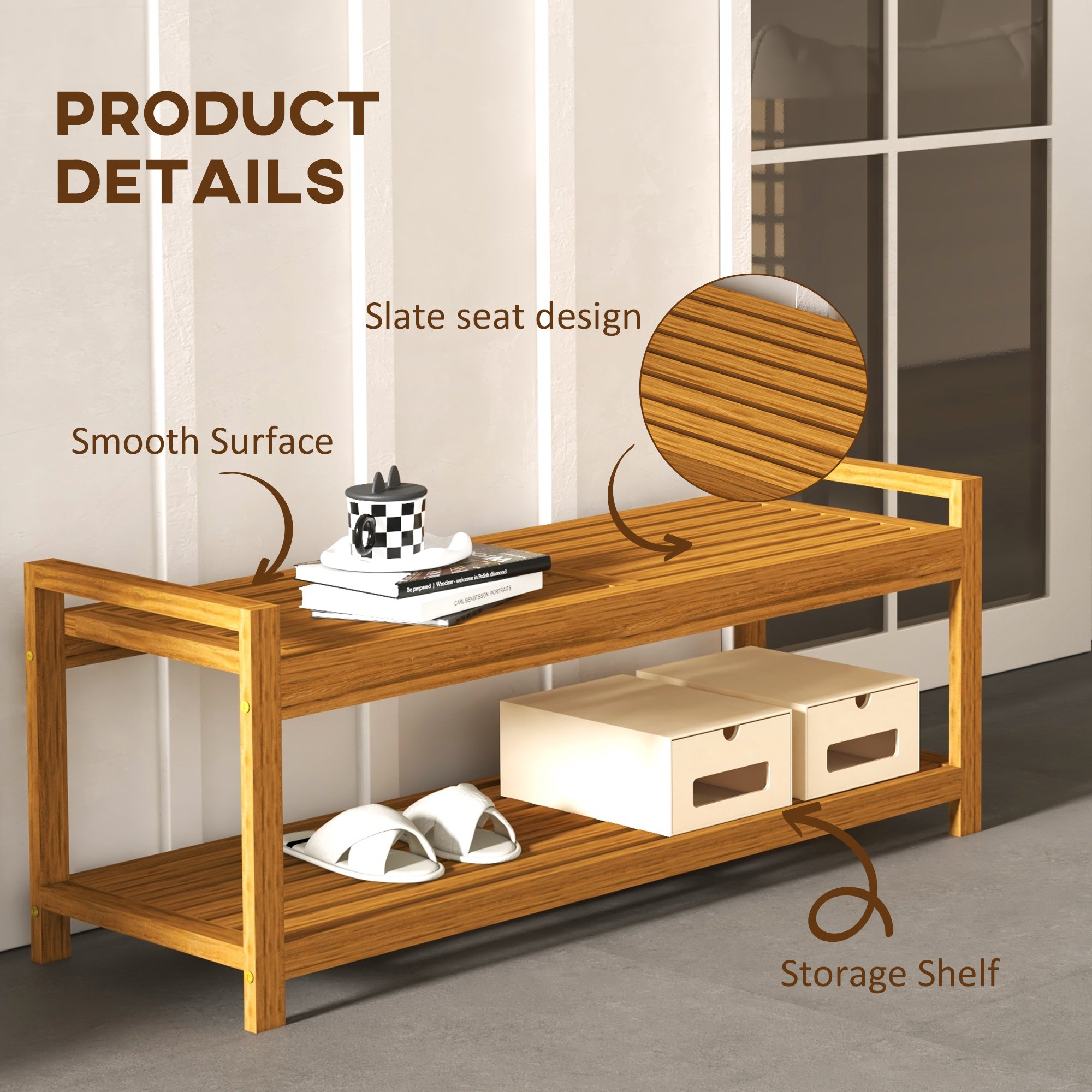 Garden Stool with Storage Shelf, Slatted Seat for Indoor Conservatory, Garden, Poolside, Deck, Teak Storage Ottomans & Benches at Gallery Canada