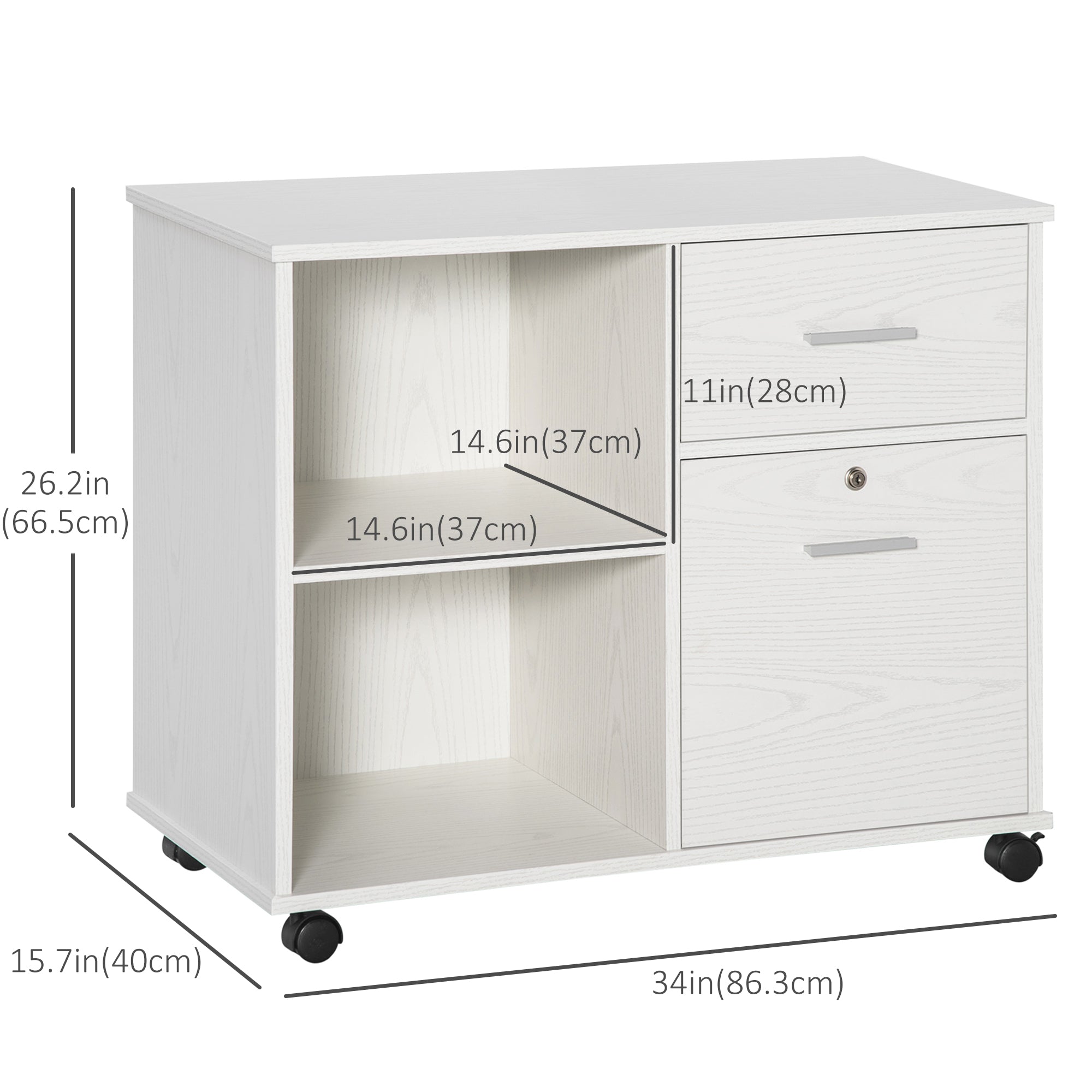Lateral Filing Cabinet with Wheels, Locking File Cabinet, Mobile Printer Stand with Open Shelves and Drawers for A4 Size Documents, White Office Cabinets & Cupboards at Gallery Canada