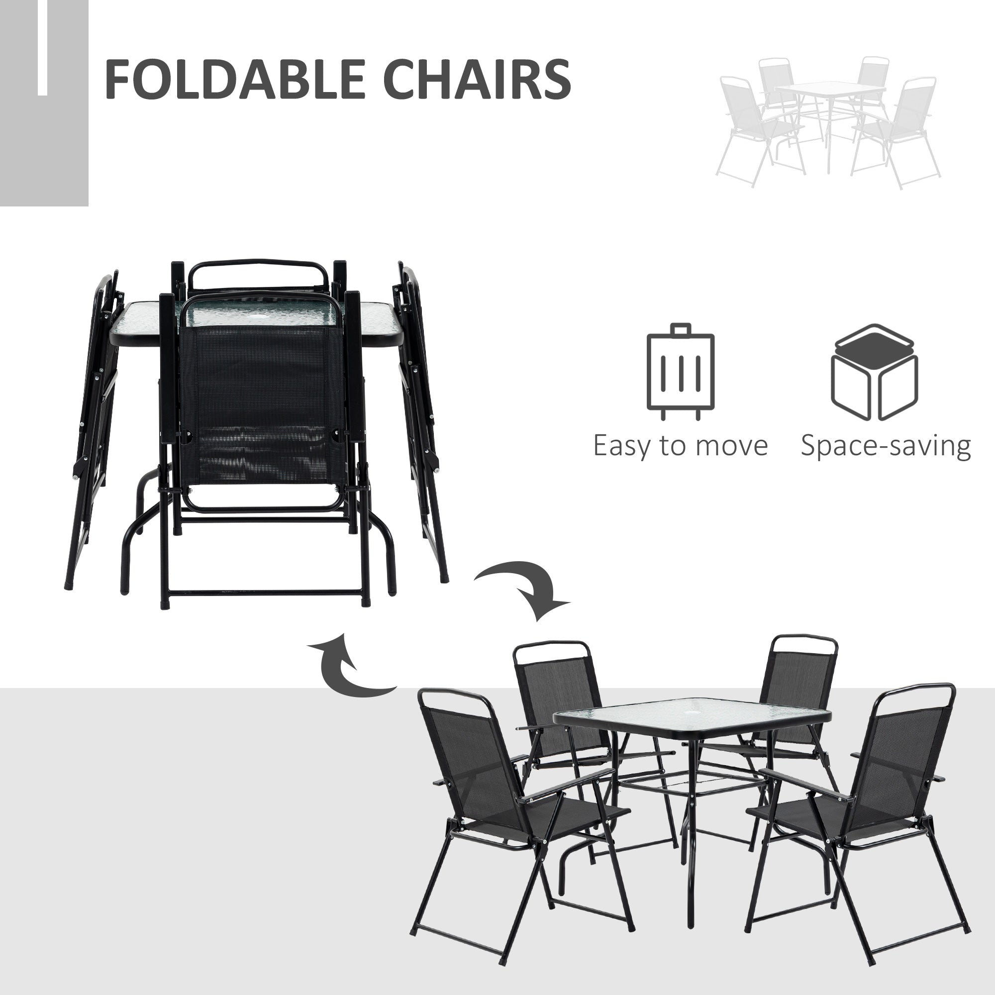 5 Pieces Patio Table and Chairs, Outdoor Dining Set with 4 Folding Chairs, Glass Tabletop and Parasol Hole, Black Outdoor Dining Sets at Gallery Canada
