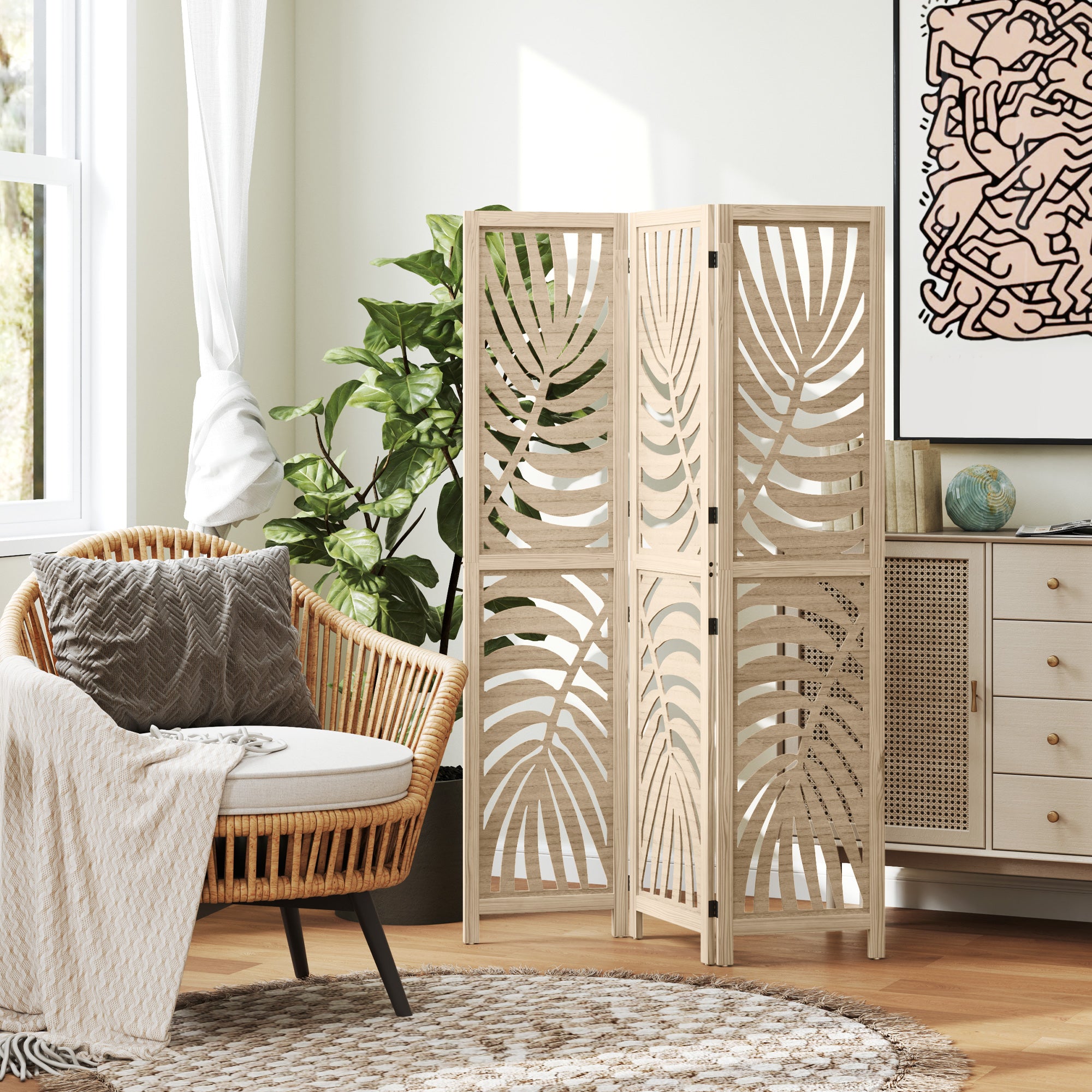 3 Panel Room Divider, Detachable Folding Privacy Screens with Palm Leaf Design for Home Office, Natural Wood Finish Room Dividers at Gallery Canada