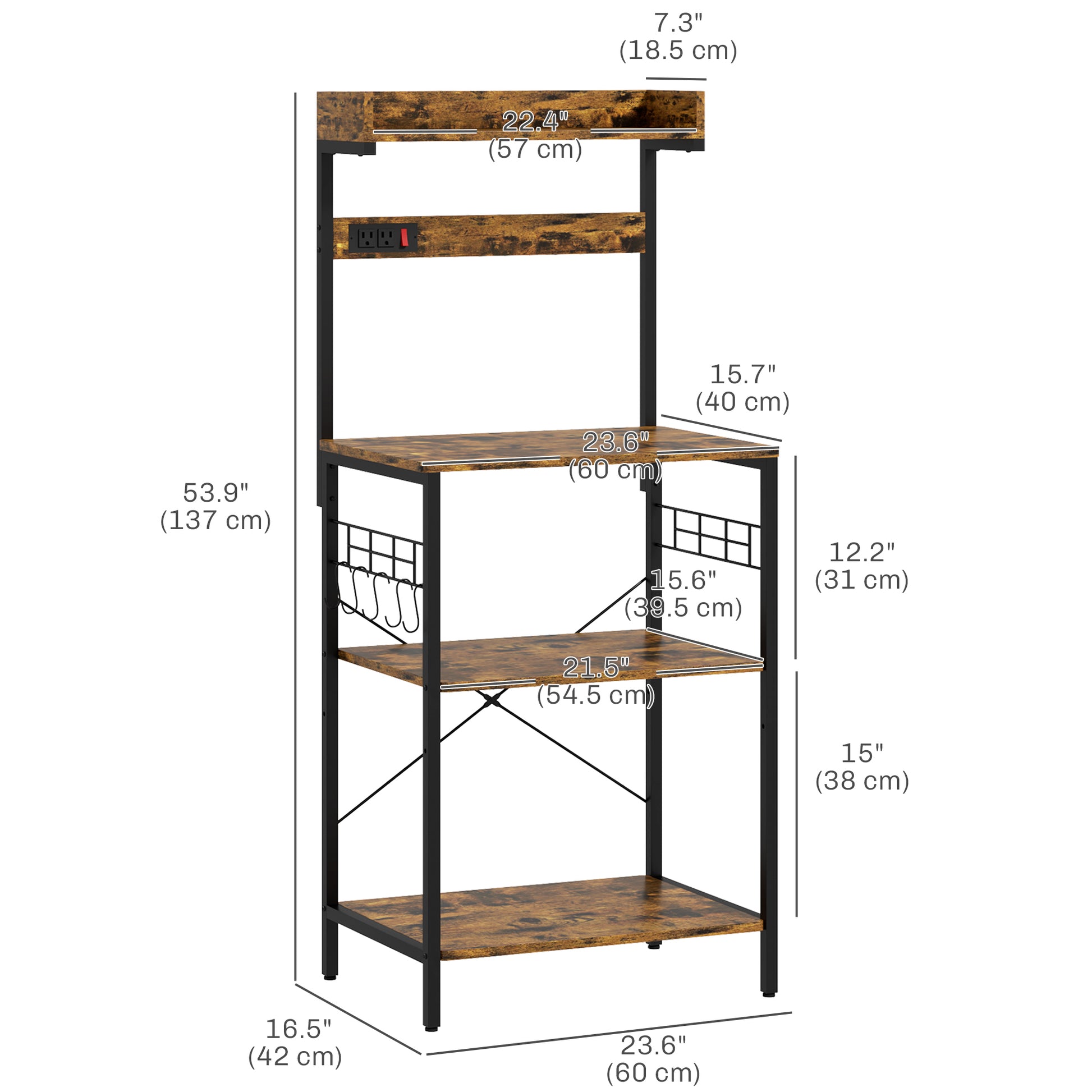 Kitchen Baker's Rack with Power Outlet, Coffee Bar Station with Adjustable Shelves and Hooks, Rustic Brown Bar Cabinets   at Gallery Canada