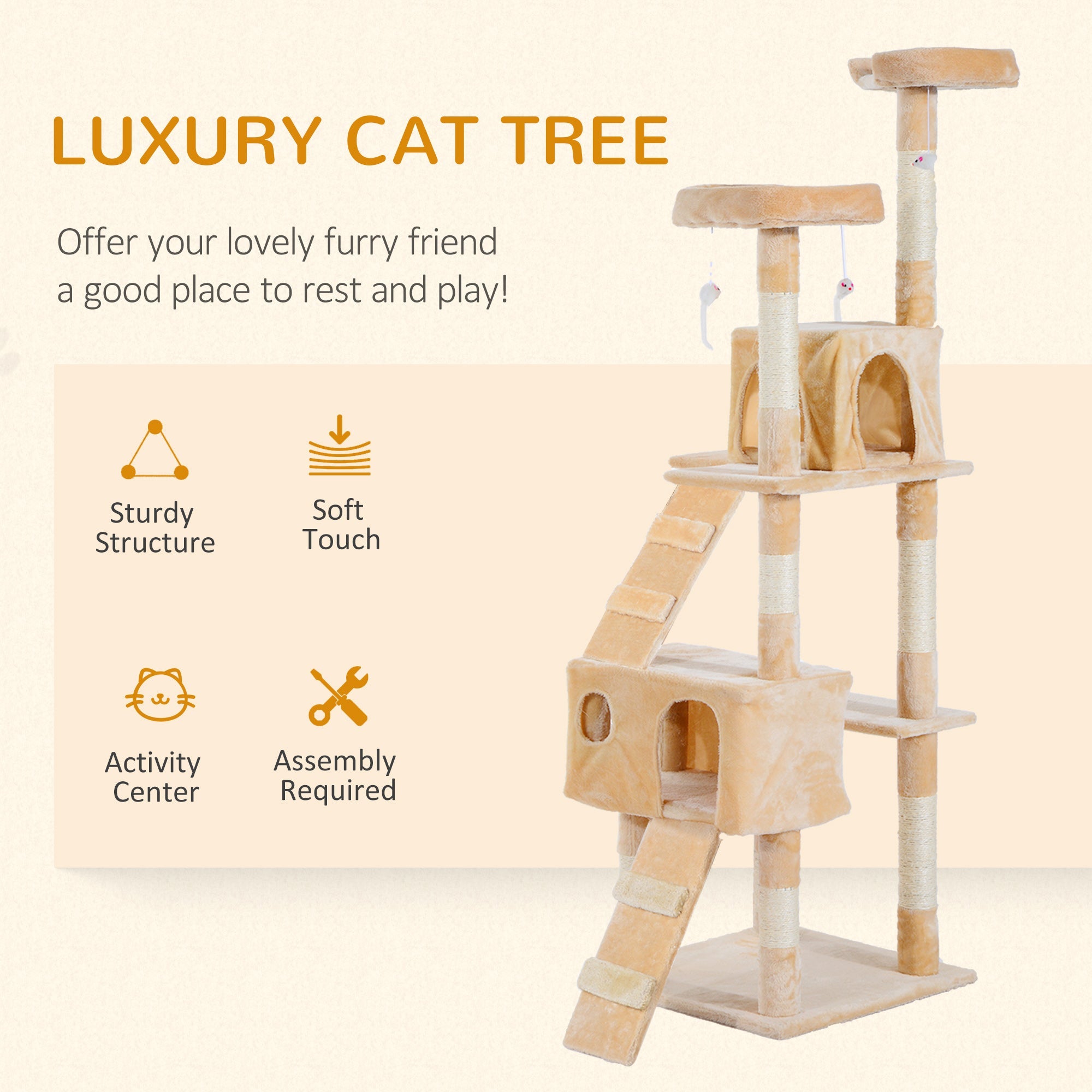 67-inch Multi-Level Cat Scratching Tree Kitty Activity Center Post Tower Condo Pet Furniture w/ Toy Beige Cat Towers   at Gallery Canada