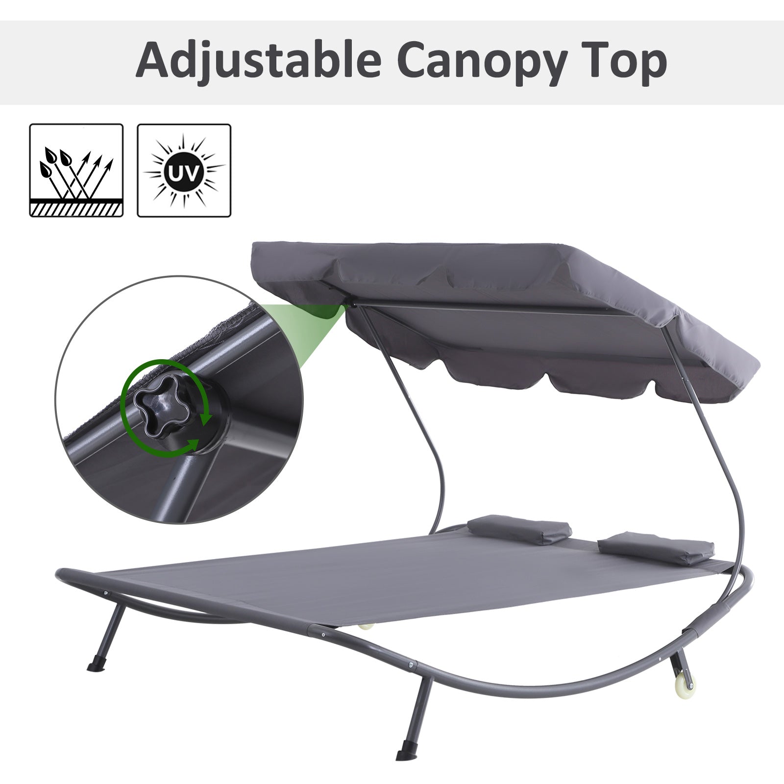 Double Patio Lounger with Adjustable Canopy, Outdoor Daybed Hammock Lounger with Headrest Pillows, Two Moving Wheels for Poolside, Garden, Grey Lounger Chairs   at Gallery Canada