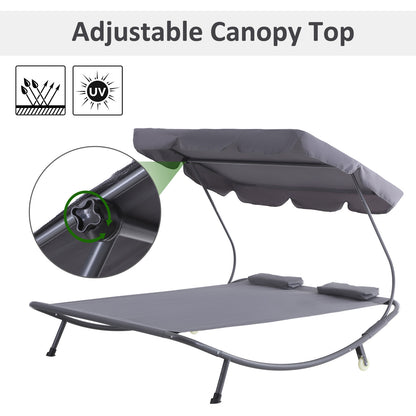 Double Patio Lounger with Adjustable Canopy, Outdoor Daybed Hammock Lounger with Headrest Pillows, Two Moving Wheels for Poolside, Garden, Grey Lounger Chairs   at Gallery Canada