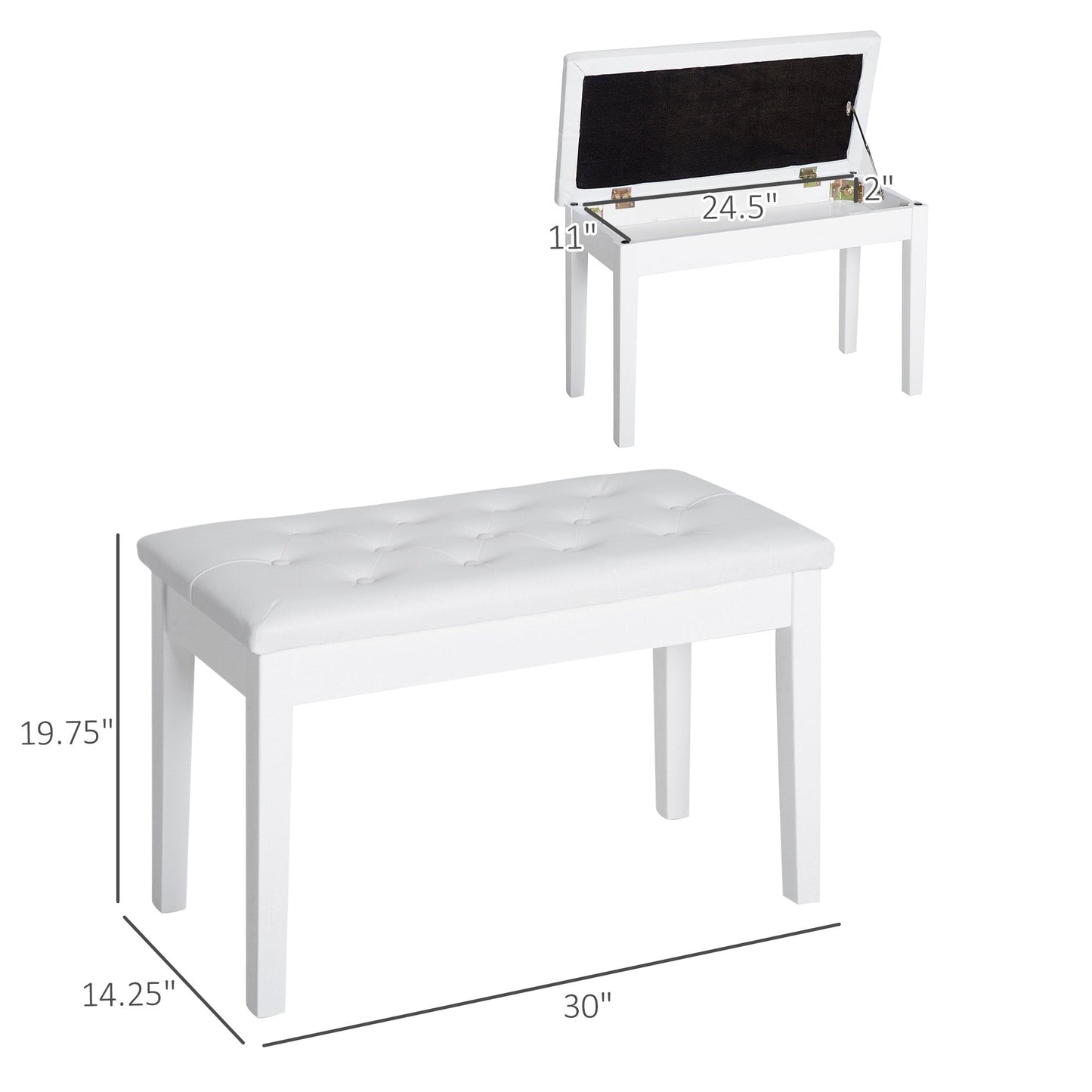 30" Padded Storage Piano Bench Artist Keyboard Seat Faux Leather (White) Piano Benches   at Gallery Canada