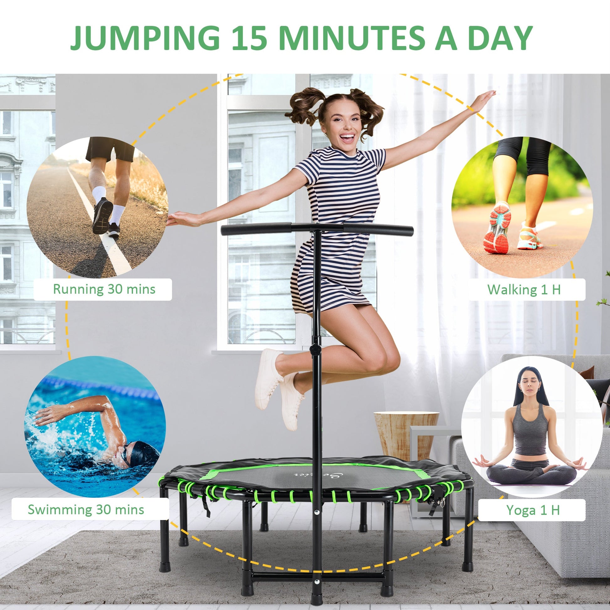 48" Mini Trampoline, Foldable Trampoline with Adjustable Handle Bar for Adults Exercise, Workout, Fitness, Green - Gallery Canada