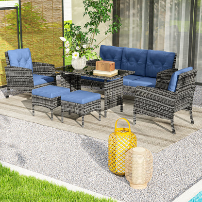 6 Piece Patio Furniture Set with Patio Chairs, Ottomans, Sofa, Glass Top Table and Cushions, Wicker Rattan Outdoor Furniture Set for Backyard, Porch, Navy Blue Patio Furniture Sets at Gallery Canada