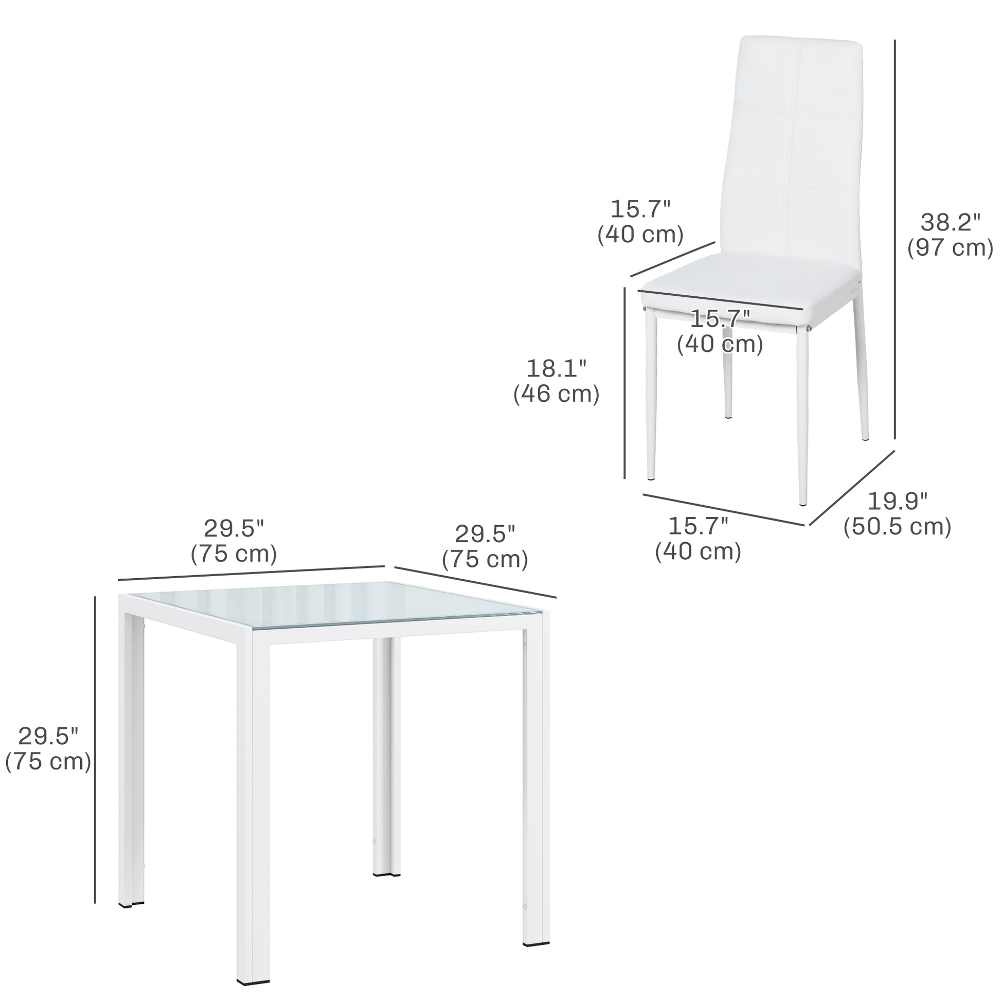 3-Piece Rectangular Glass Kitchen Table and Chairs with Metal Frame and Faux Leather Upholstery for Dining Room, White Bar Sets   at Gallery Canada