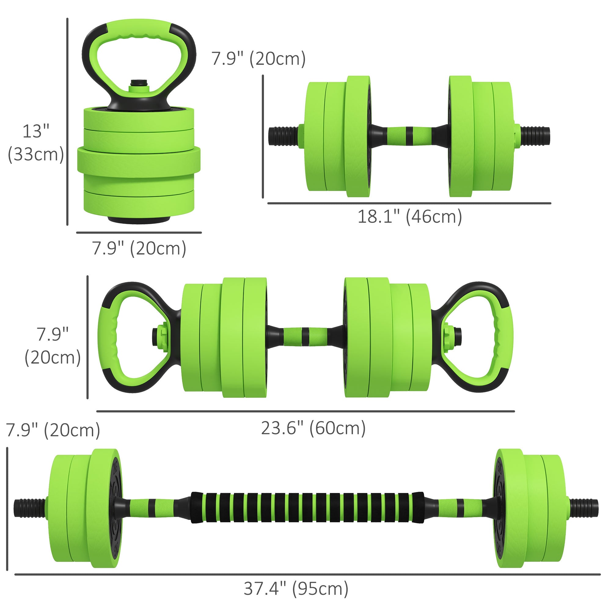 44lbs 4-in-1 Adjustable Weight Dumbbell Set, Barbell, Kettlebell, Push Up Stand, Green Dumbbells & Barbells   at Gallery Canada