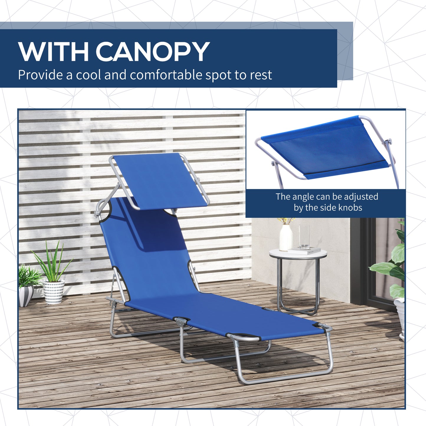 Outdoor Lounge Chair, Adjustable Folding Chaise Lounge, Tanning Chair with Sun Shade for Beach, Camping, Hiking, Backyard, Blue Lounger Chairs   at Gallery Canada