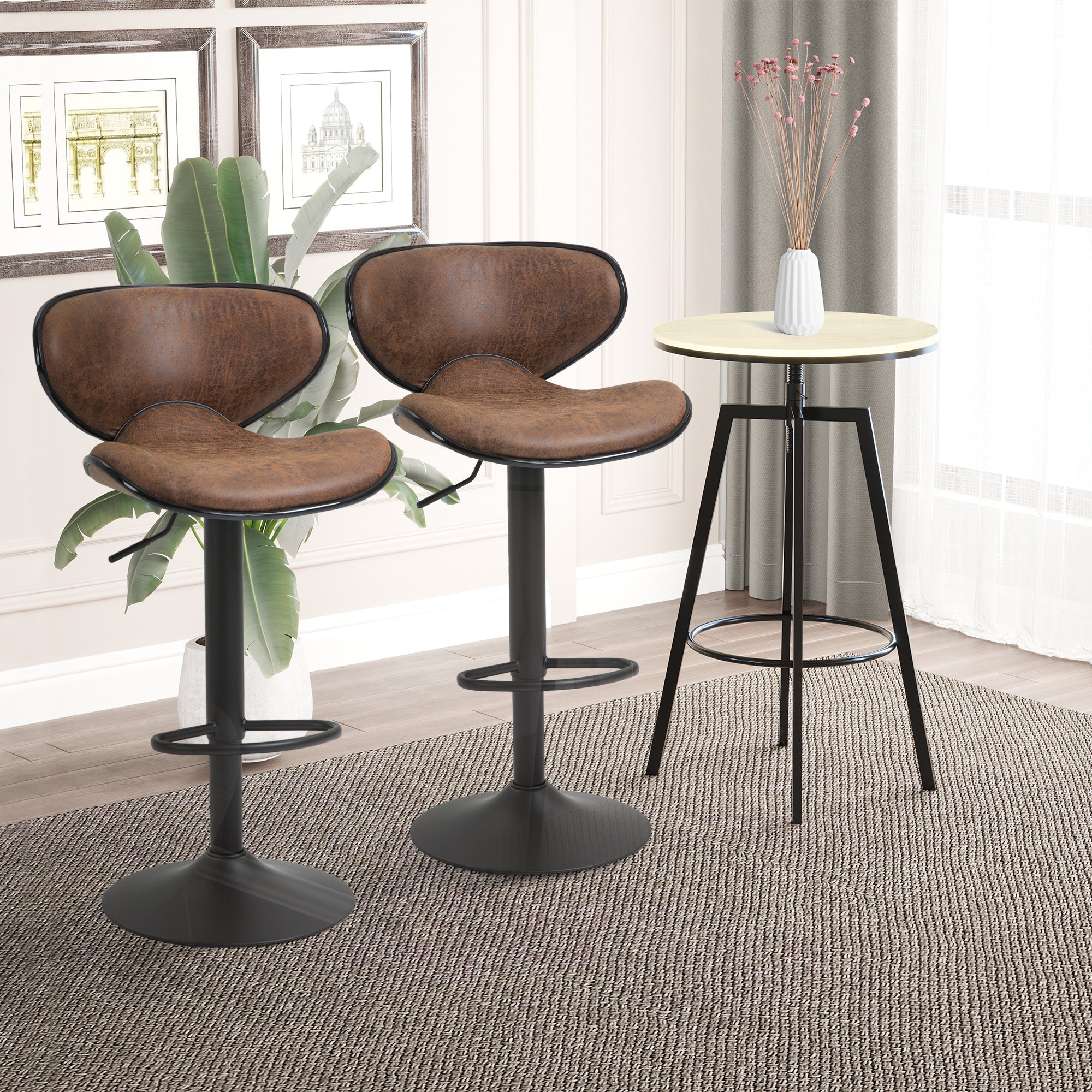 Vintage Set of 2 Microfiber Cloth Adjustable Bar Height Stools with Swivel Seat, Brown Bar Stools   at Gallery Canada