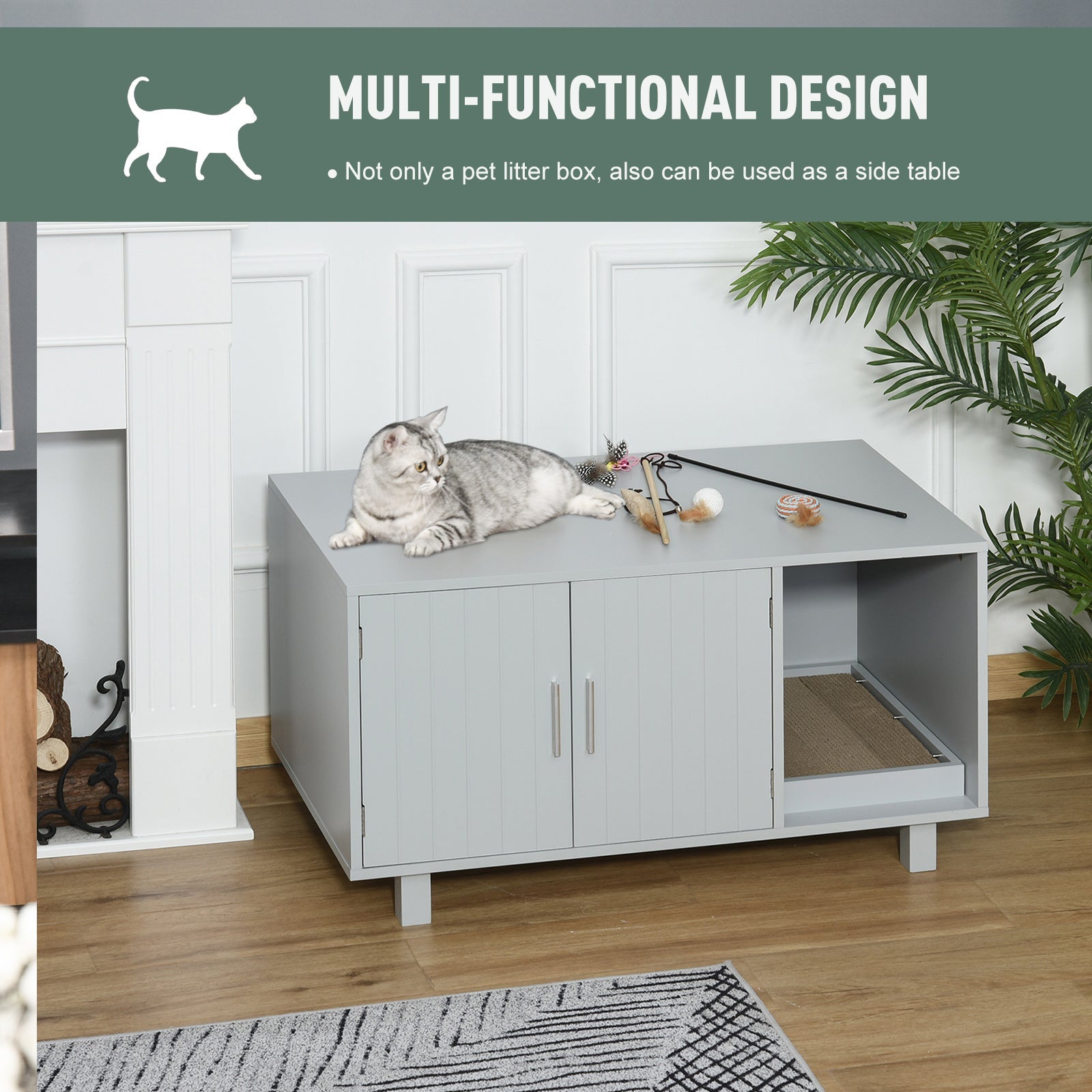 Wooden Cat Washroom Pet Litter Box Enclosure Kitten House Nightstand End Table with Scratcher Magnetic Doors Grey Cat Litter Box Enclosures   at Gallery Canada