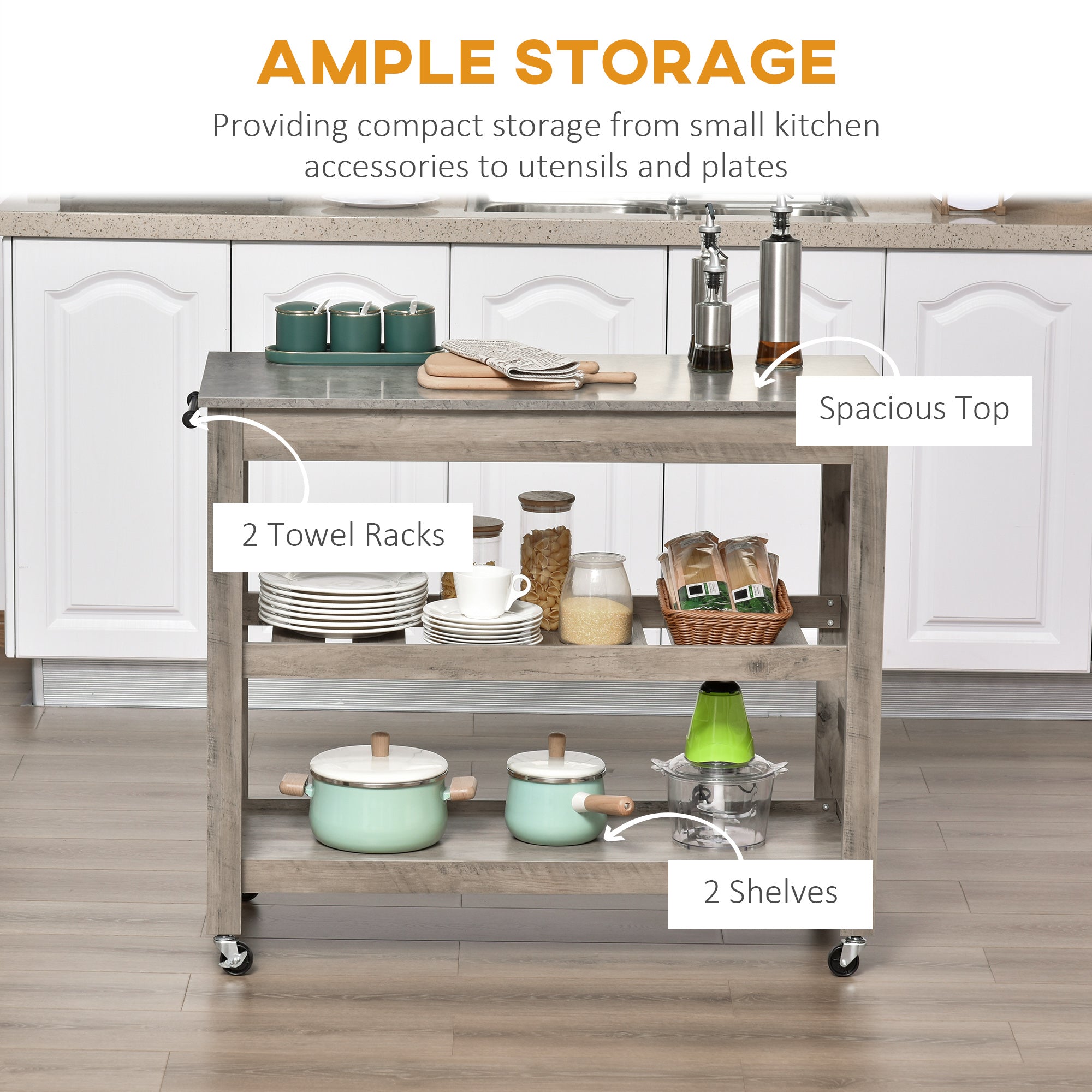 Kitchen Cart Rolling Kitchen Island Utility Trolley with Concrete Effect Top &; Storage Wine Rack, Grey Kitchen Islands & Kitchen Carts at Gallery Canada