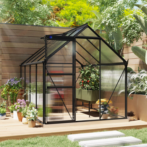 6' x 8' x 6.5' Polycarbonate Greenhouse, Walk-in Green House with Adjustable Roof Vent Galvanized Base Sliding Door Rain Gutter for Outdoor Garden Backyard, Charcoal Grey