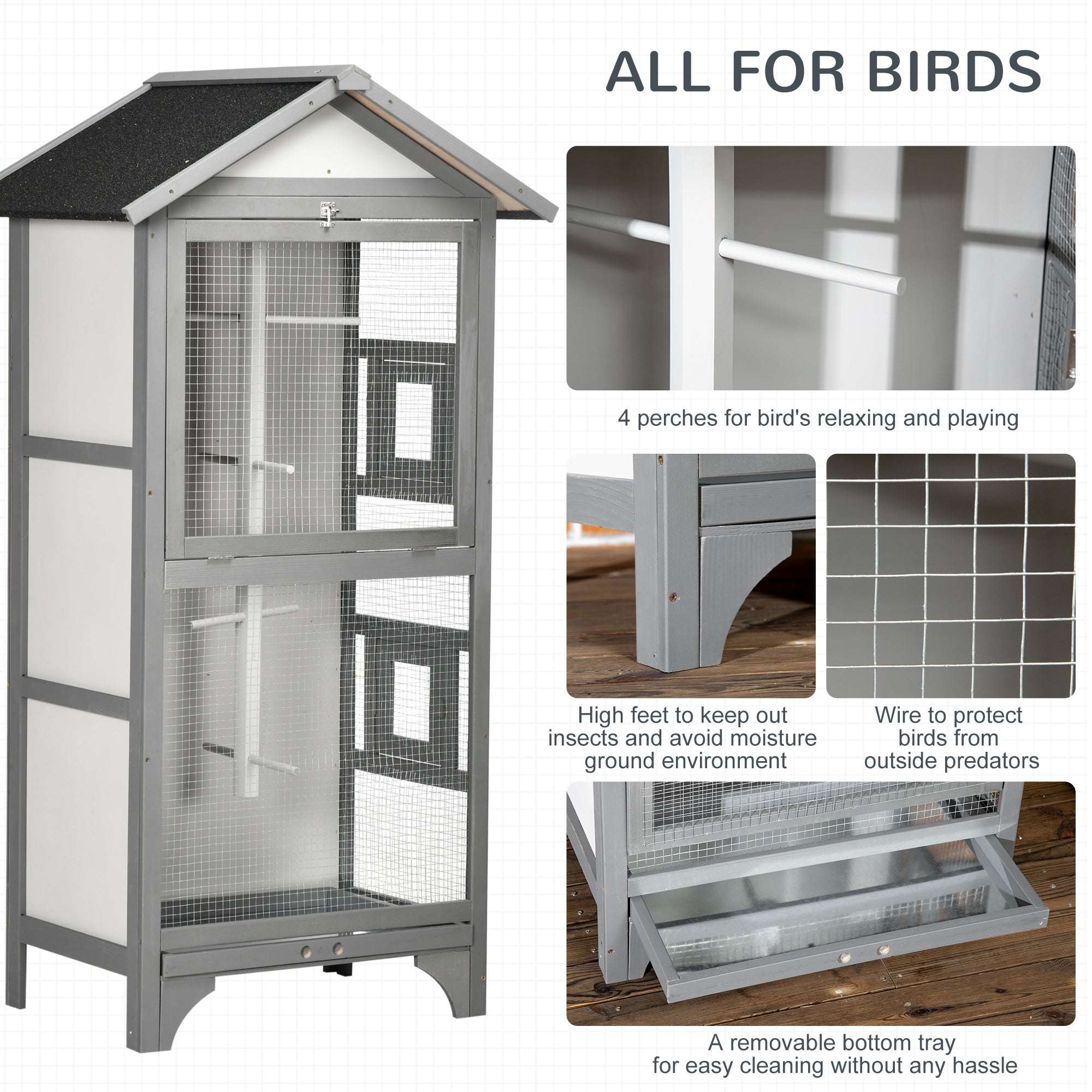 Wooden Bird Aviary Parrot Cage Pet Furniture with Removable Bottom Tray, 2 Doors, Asphalt Roof, 4 Perches, Light Grey Bird Cages at Gallery Canada