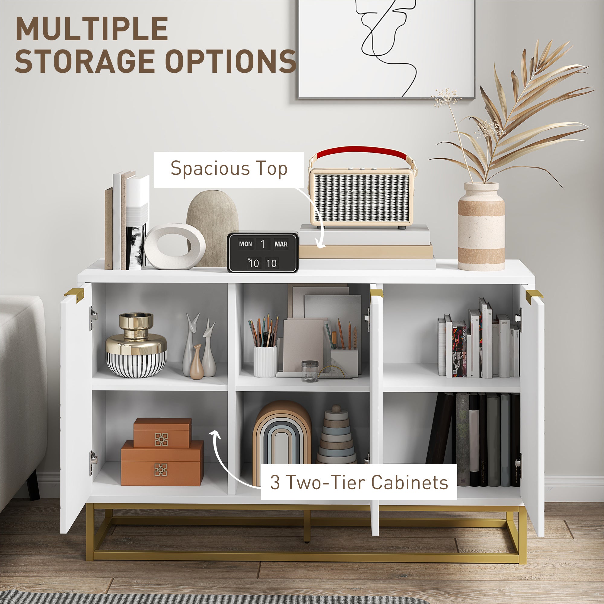 Sideboard Storage Cabinet with 3 Doors and Adjustable Shelves, Kitchen Buffet Cabinet for Dining Room, White Kitchen Pantry Cabinets at Gallery Canada