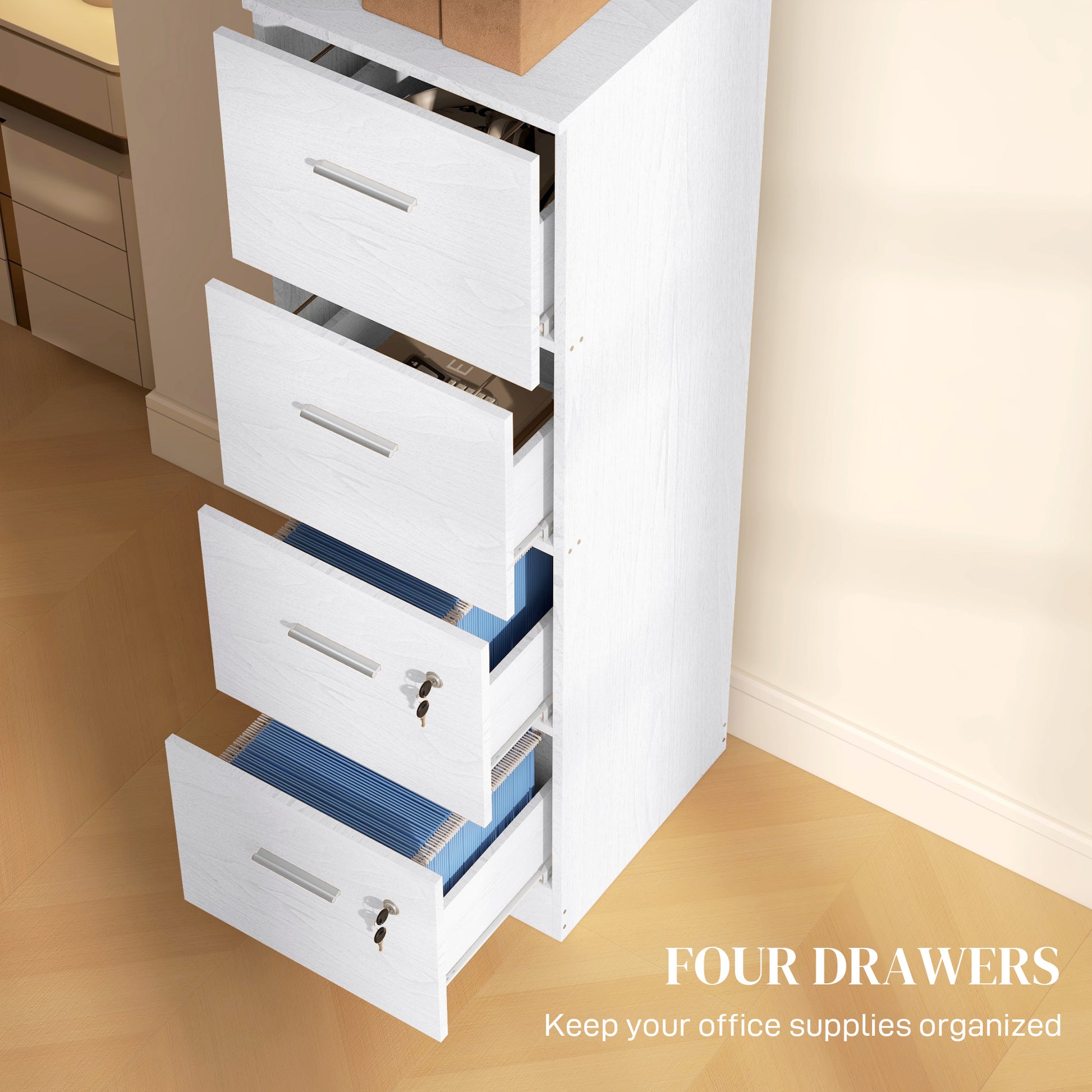 Vertical Filing Cabinet with Lock, 4 Drawer File Cabinet with Adjustable Hanging Bar for A4 and Letter Size, White Office Cabinets & Cupboards   at Gallery Canada