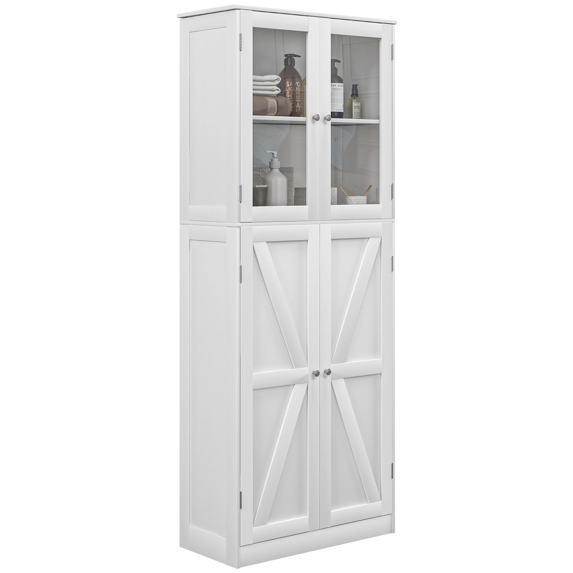 Tall Bathroom Storage Cabinet, Modern Bathroom Cabinet with Glass and Barn Doors, 5-Tier Floor Cabinet, White Bathroom Cabinets   at Gallery Canada