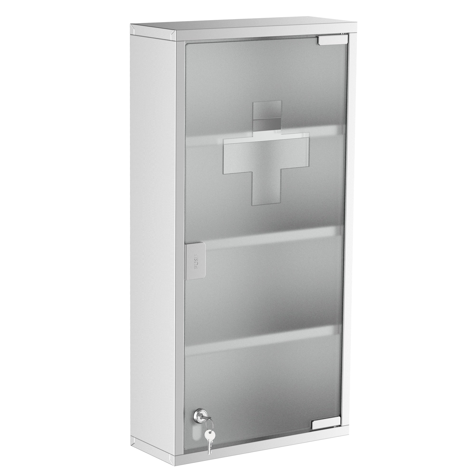 Wall Mount Medicine Cabinet, Bathroom Cabinet with 4 Tier Shelves, Stainless Steel Frame and Glass Door, Lockable with 2 Keys, Silver, 12