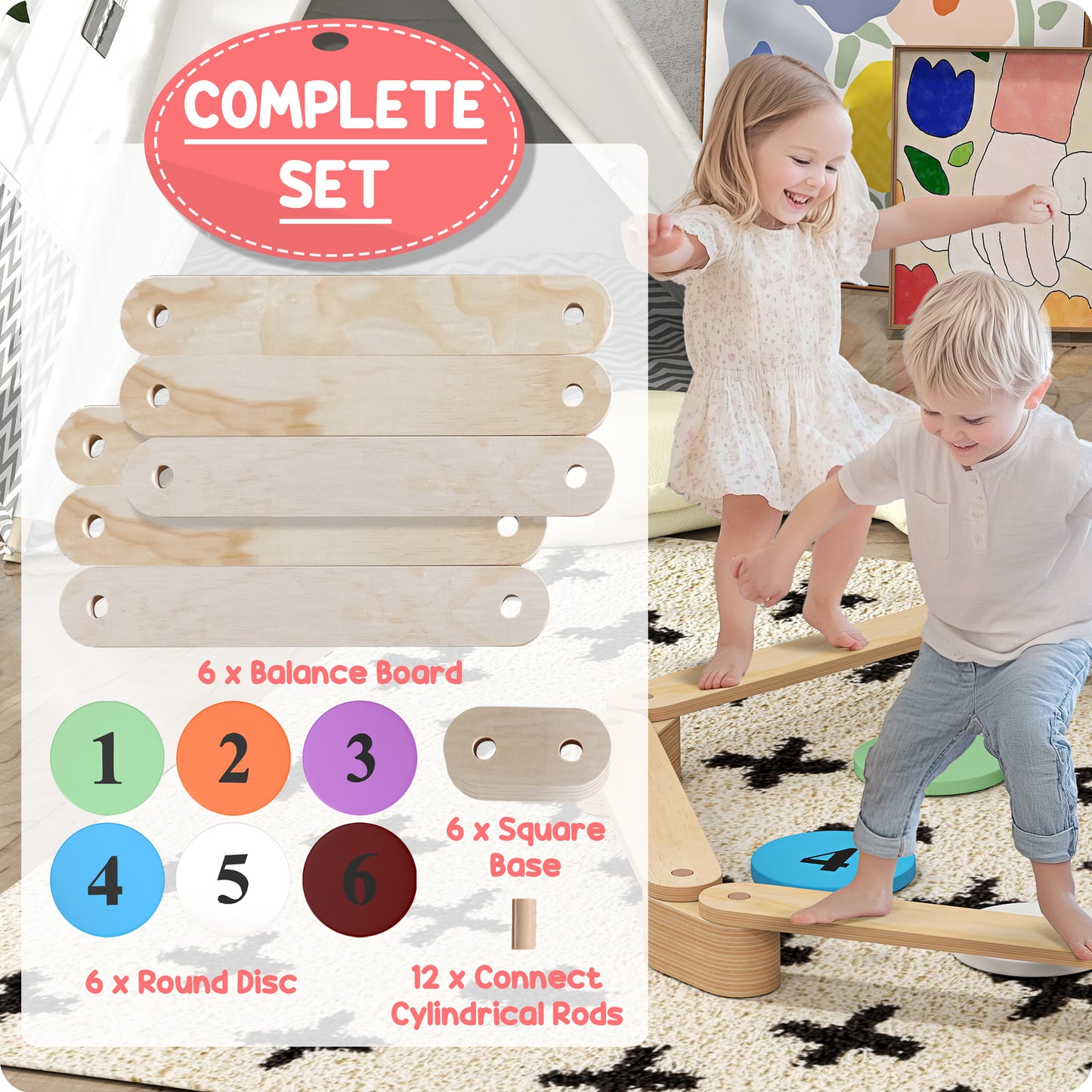 6 PC Wooden Balance Beam for Kids, for Coordination, for Indoor Outdoor Baby Gym & Playmats   at Gallery Canada