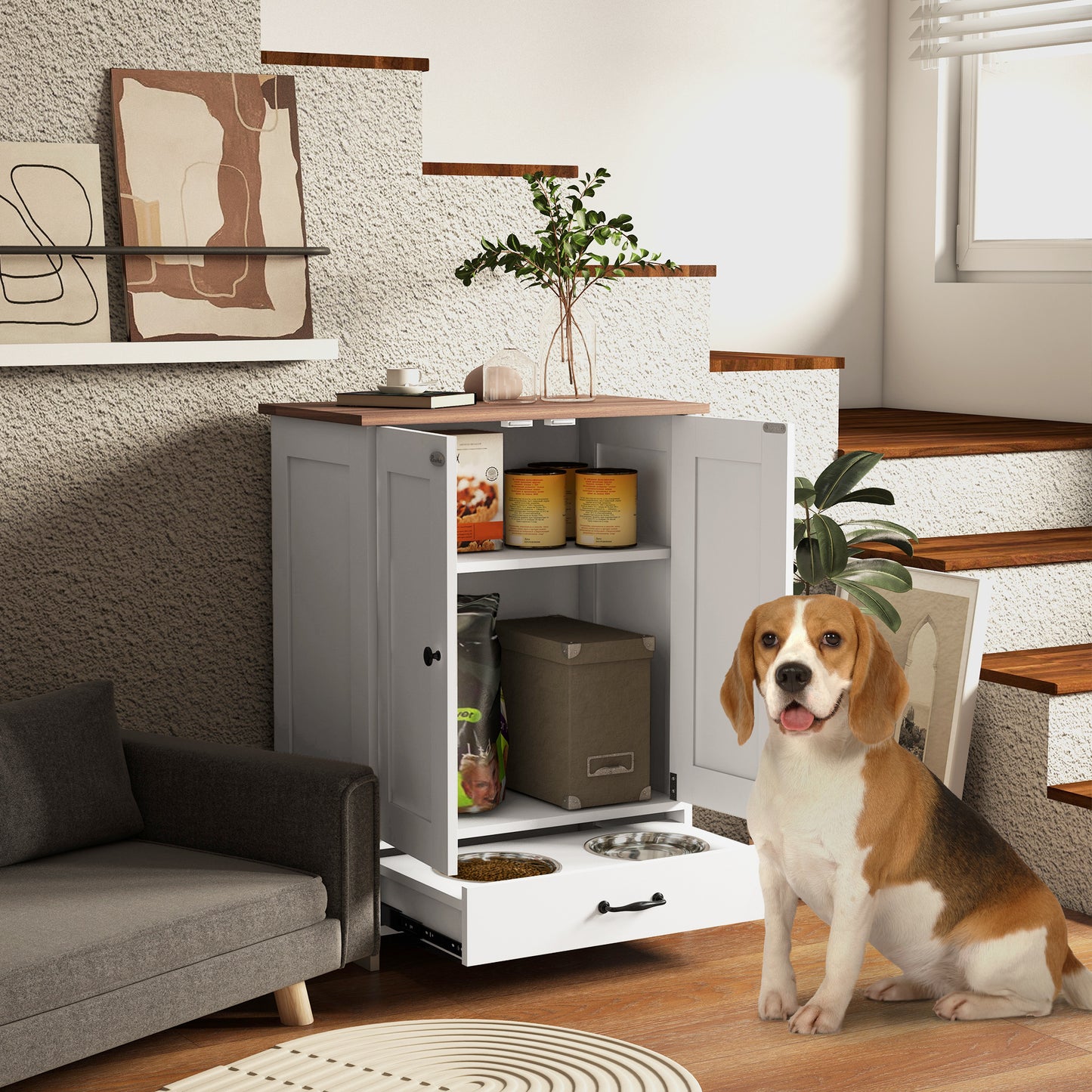 Pet Food Storage Container Dog Feeding Station w/ Adjustable Panel, Hooks, for Medium Sized Dogs, White Dog Bowls   at Gallery Canada