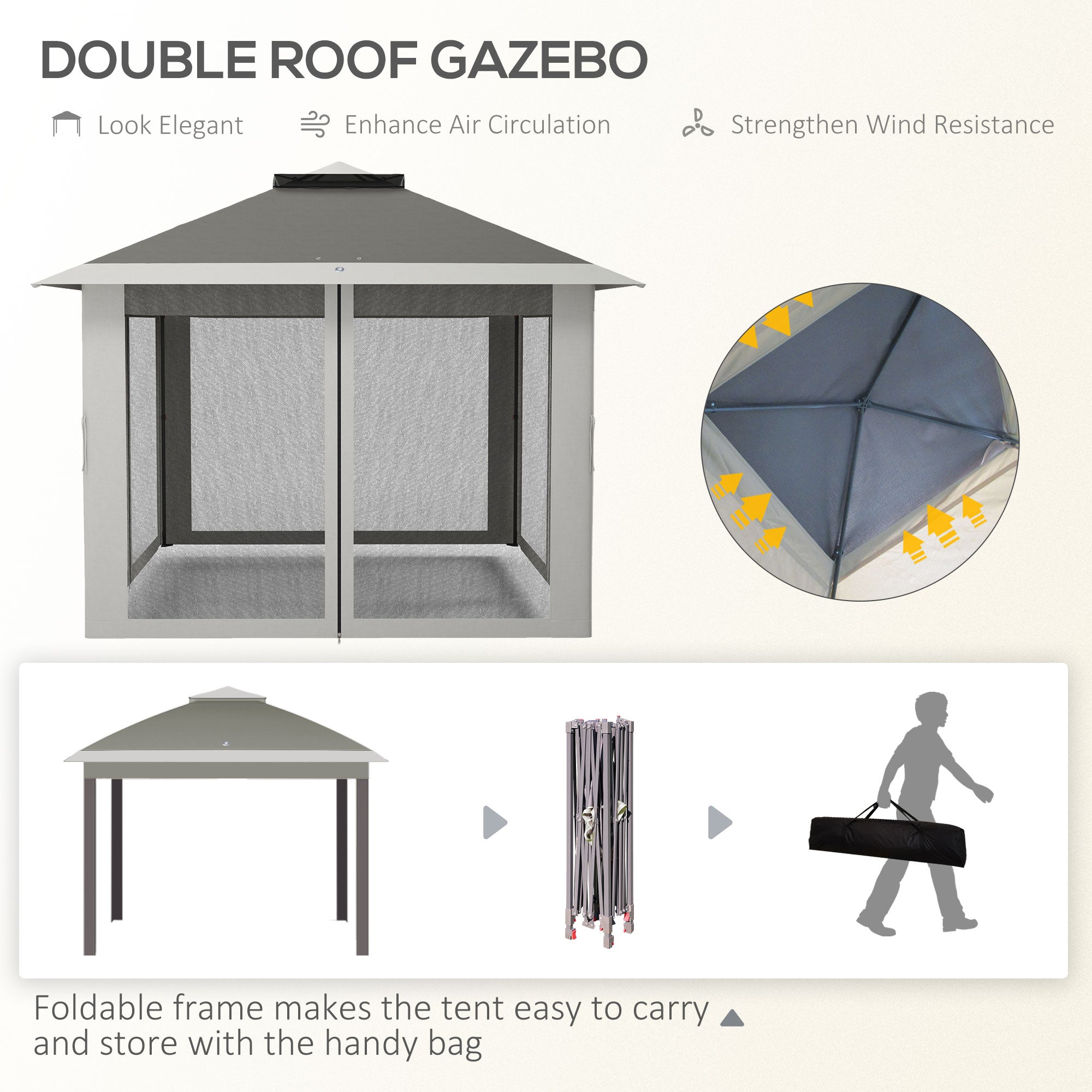 11' x 11' Pop Up Gazebo, Double Roof Foldable Height Adjustable Canopy Tent with Mesh Sidewalls, Carrying Bag, Dark Grey Pop Up Canopies at Gallery Canada