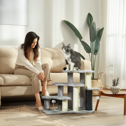 2 in 1 Cat Tree 3 Steps Pet Stairs with Scratching Posts, Tickling Post, Toy Balls, for Bed, Couch, Sofa, Light Grey