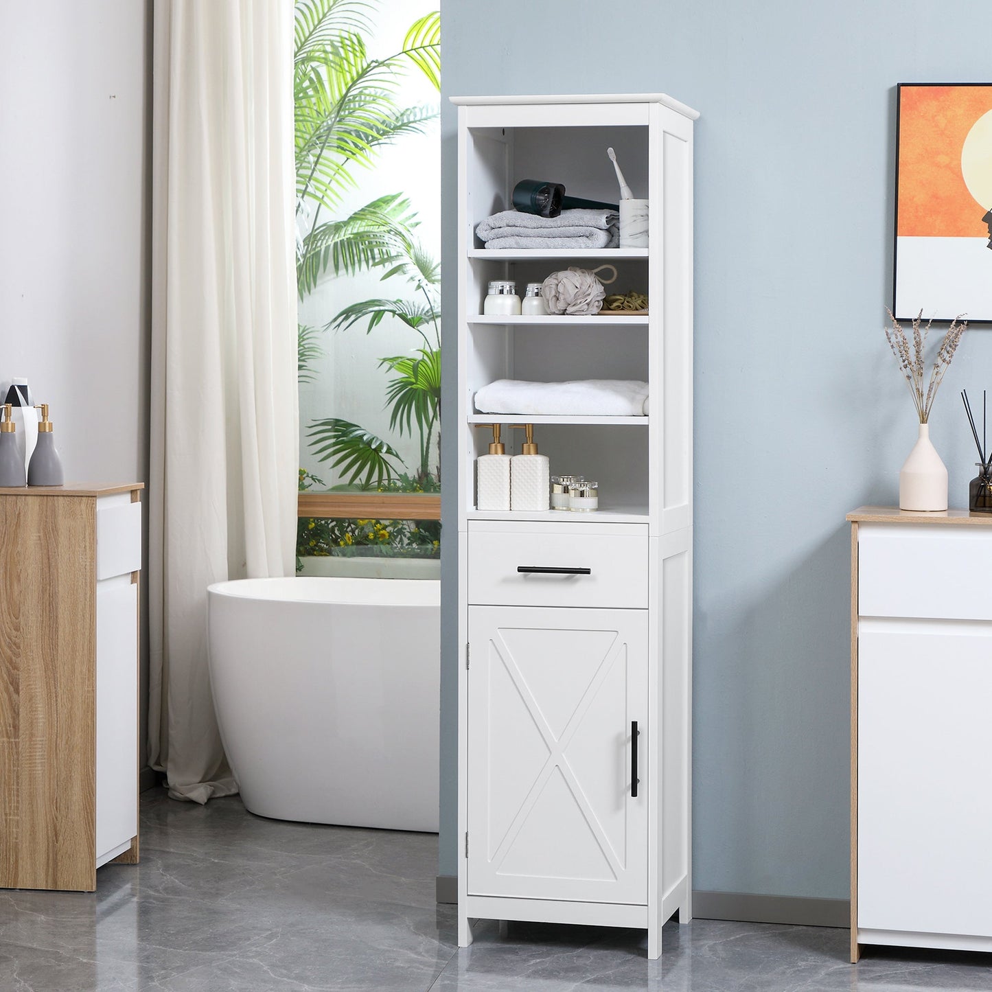 Tall Bathroom Storage Cabinet, Free Standing Bathroom Cabinet Slim Side Organizer w/ 3-Tier Open Shelf, Door, and Drawer, White Bathroom Cabinets   at Gallery Canada