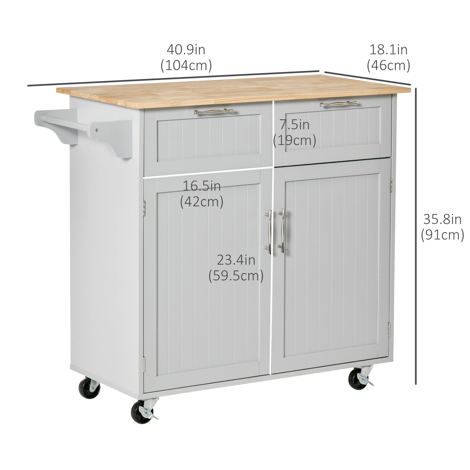 Rolling Kitchen Island with Storage Drawers, Modern Kitchen Cart with Rubber Wood Top, Cabinet &; Towel Rack, Grey Kitchen Islands & Kitchen Carts   at Gallery Canada