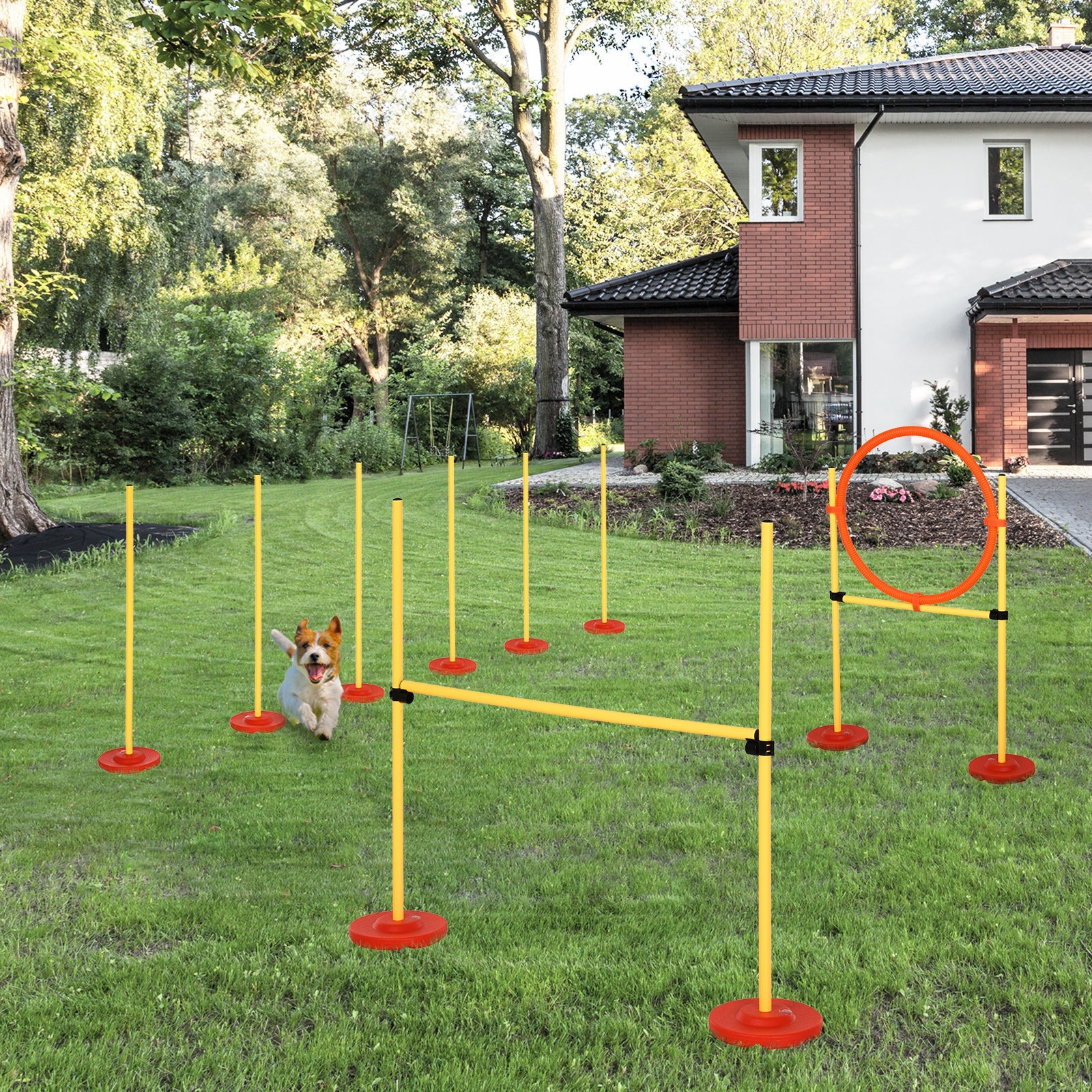 3PCs Portable Pet Agility Training Obstacle Set for Dogs w/ Adjustable Weave Pole, Jumping Ring, Adjustable High Jump Dog Agility Training Equipment   at Gallery Canada