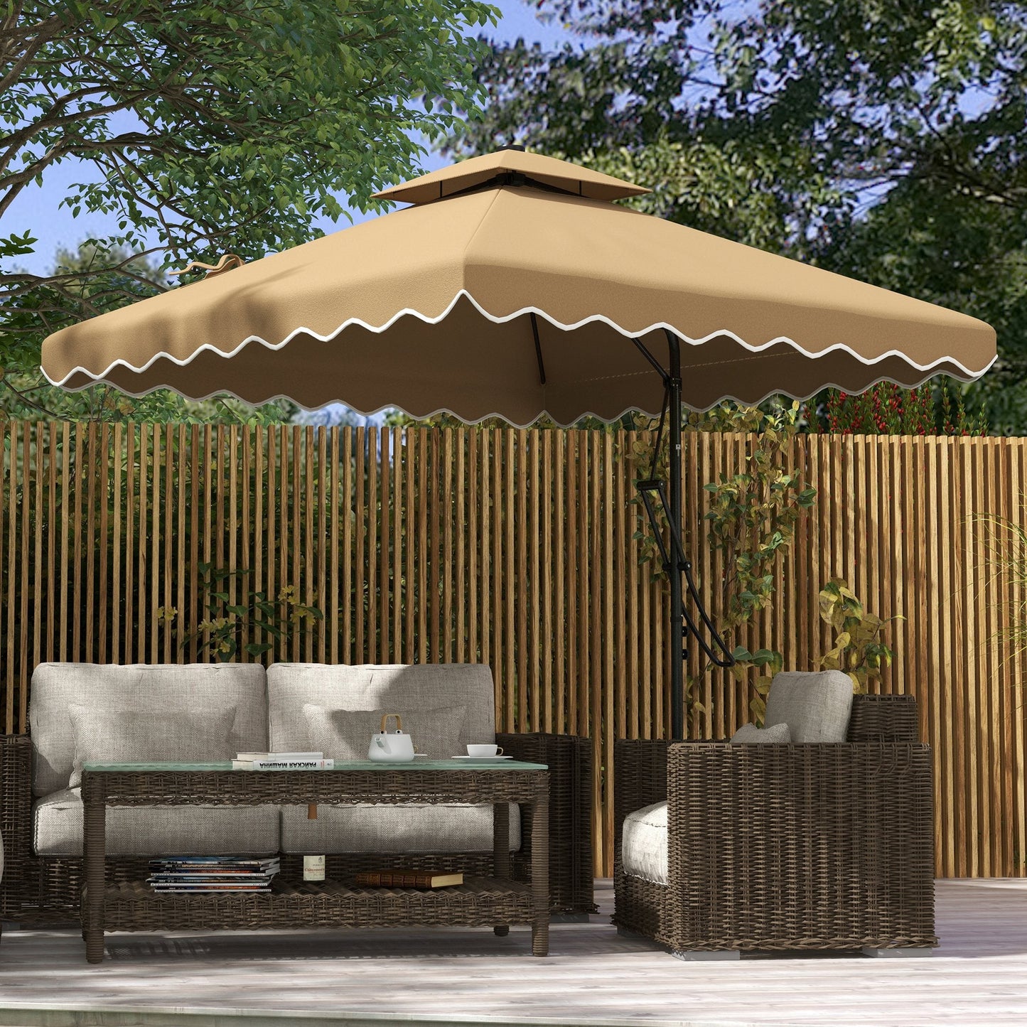 8' x 8' Square Double Top Offset Patio Umbrella Garden Parasol with Ruffles, Lever Handle and Weights, Khaki Cantilever Umbrellas   at Gallery Canada