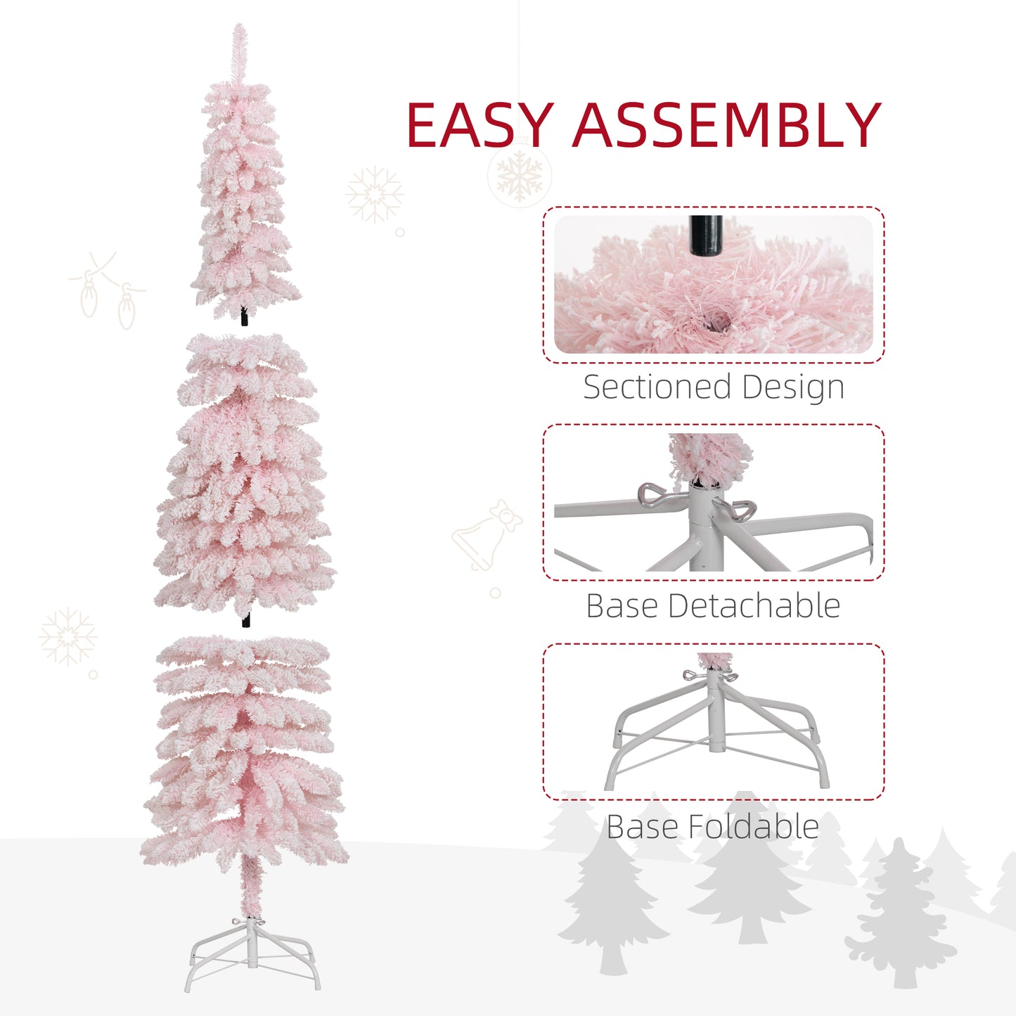 7ft Snow-Flocked Artificial Christmas Tree, Slim Pencil Xmas Tree with 490 Realistic Branches, Metal Base, Pink Flocked Christmas Trees at Gallery Canada