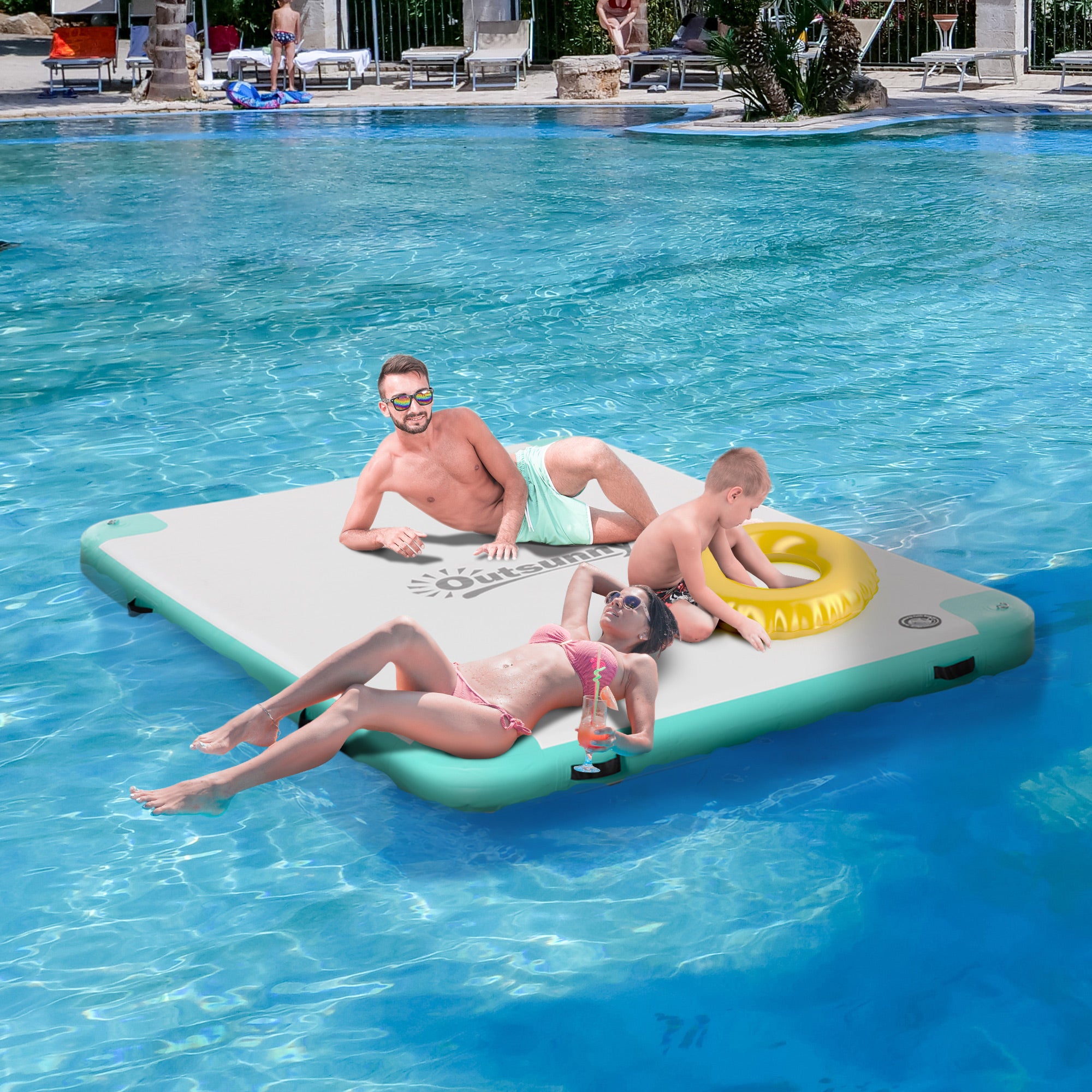 8' x 6' Water Floating Dock, Rafting Inflatable Island with Air Pump and Backpack for Pool, Beach, Ocean, Blue &; Green Floating Water Mats at Gallery Canada