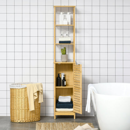 Bathroom Floor Cabinet with 3 Shelves and Cupboard, Slim and Freestanding Linen Tower with Storage, Natural Bathroom Cabinets   at Gallery Canada