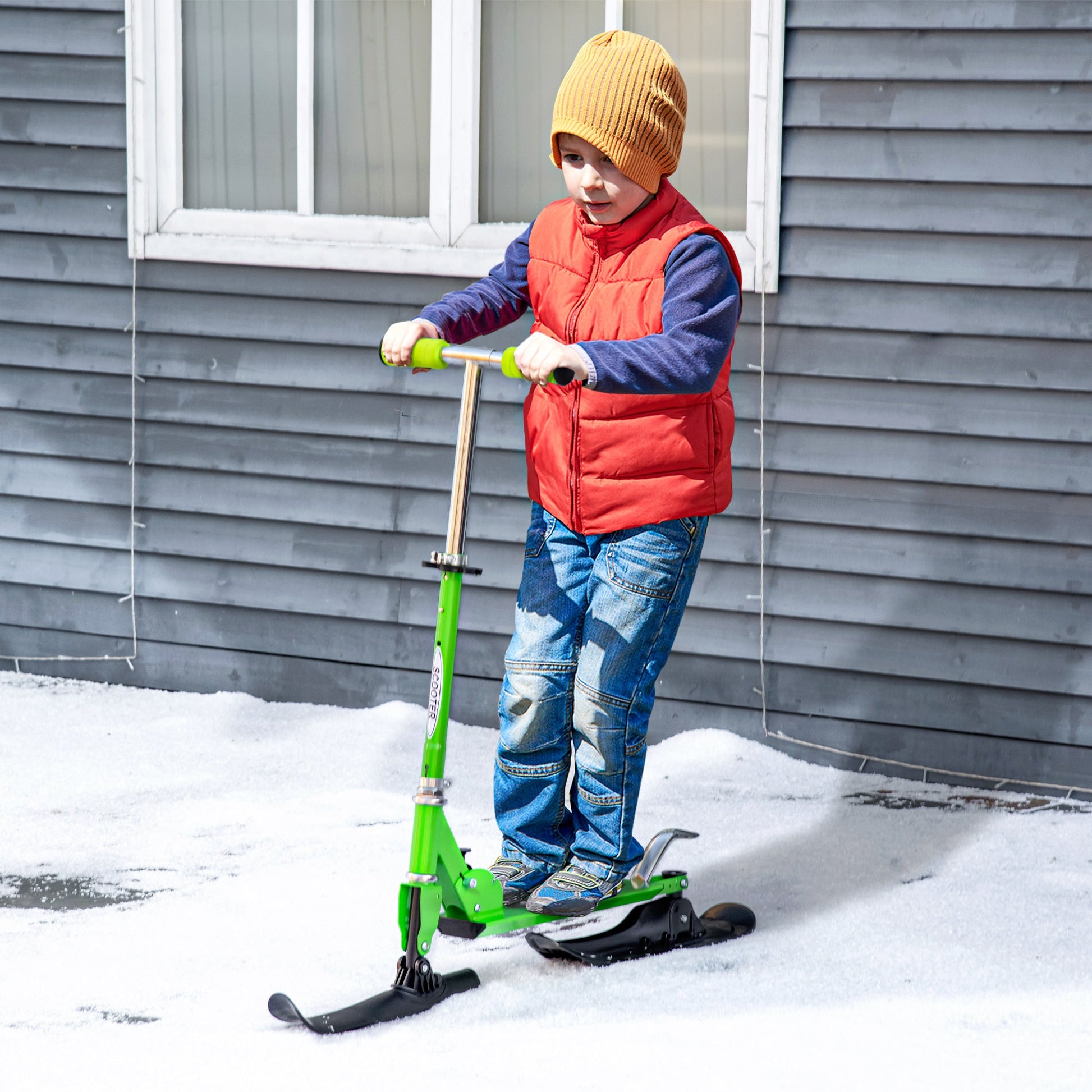 Snow Scooter, 2 in 1 Design Adjustable Height Scooter Snow Sled for Kids Aged Over 7 Years Old, Kids Sled Ski Scooter with Wheels Blades, Green - Gallery Canada