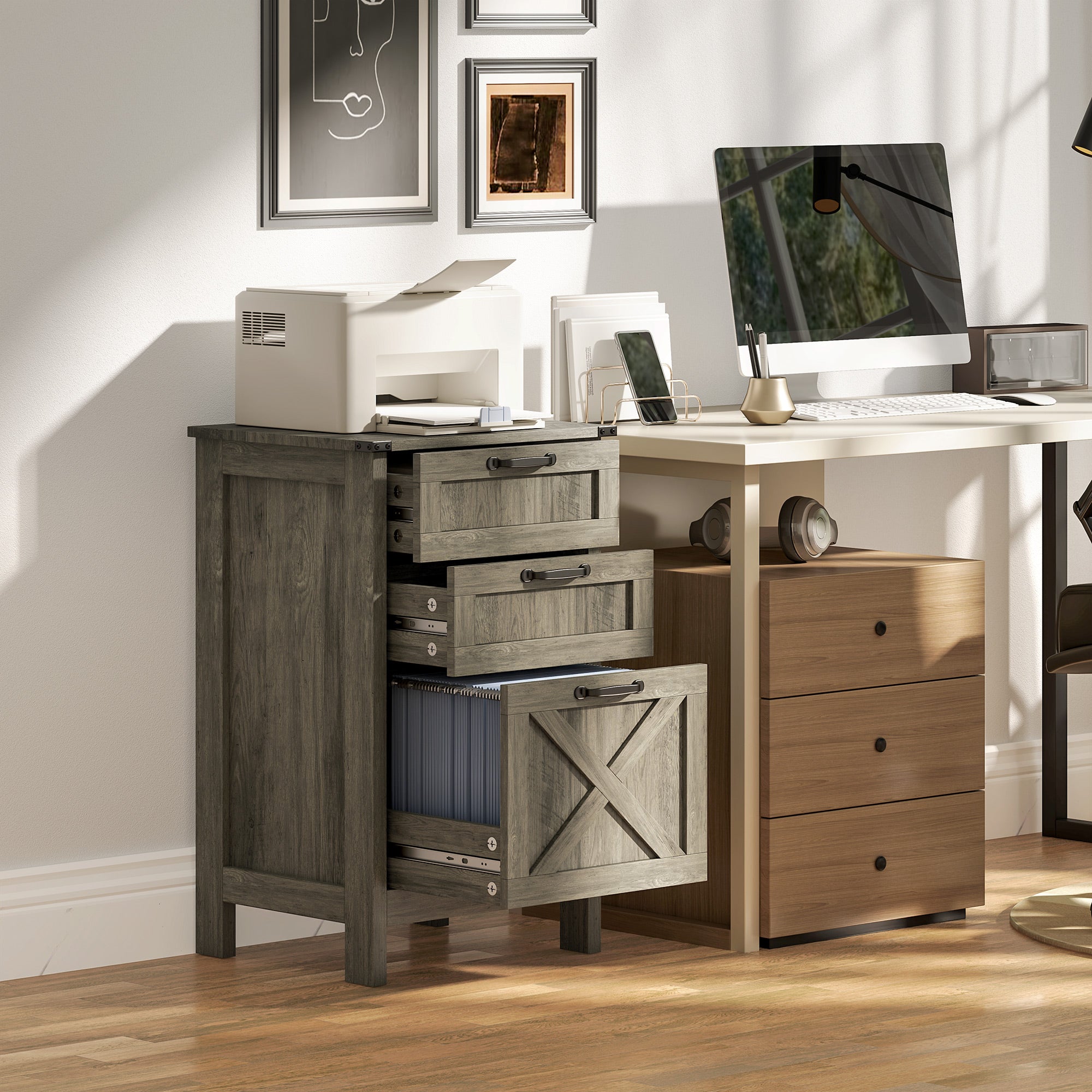 Vertical Filing Cabinet with 3 Drawers, Rustic Farmhouse Office Storage Cabinet for A4, Letter Size, Grey Wash Office Cabinets & Cupboards at Gallery Canada