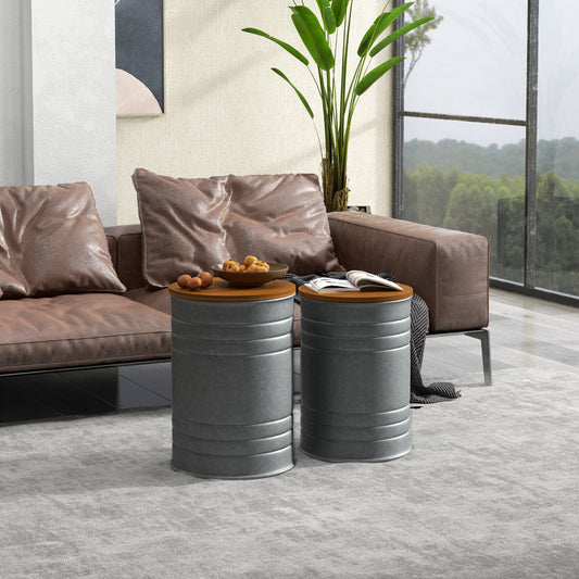 Round Side Table Set of 2, Nesting Coffee Tables w/ Wooden Lid, Galvanized Sheet Frame and Hidden Storage Space, Grey Side Tables   at Gallery Canada