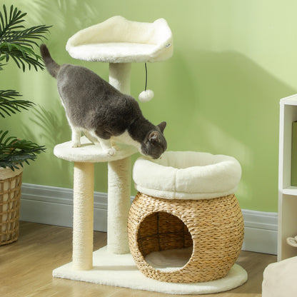 31" Cat Tree Tower with Scratching Posts, Cat Condo, Beds, Platform, Toy Ball, for Indoor Cats, Cream White Cat Towers   at Gallery Canada