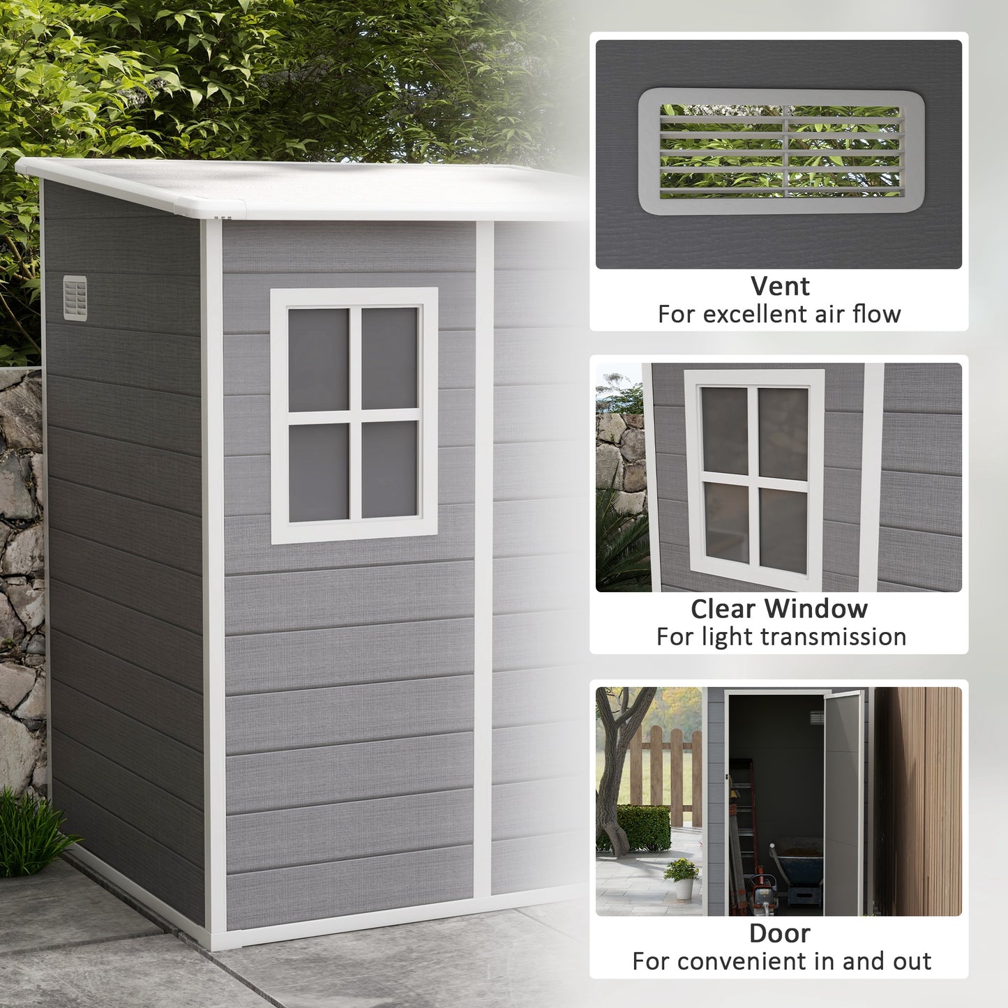 4'x5' Garden Storage Shed, Lean to Shed, Lockable Garden Tool Storage House with Window, Vent and Plastic Roof, Grey Sheds   at Gallery Canada