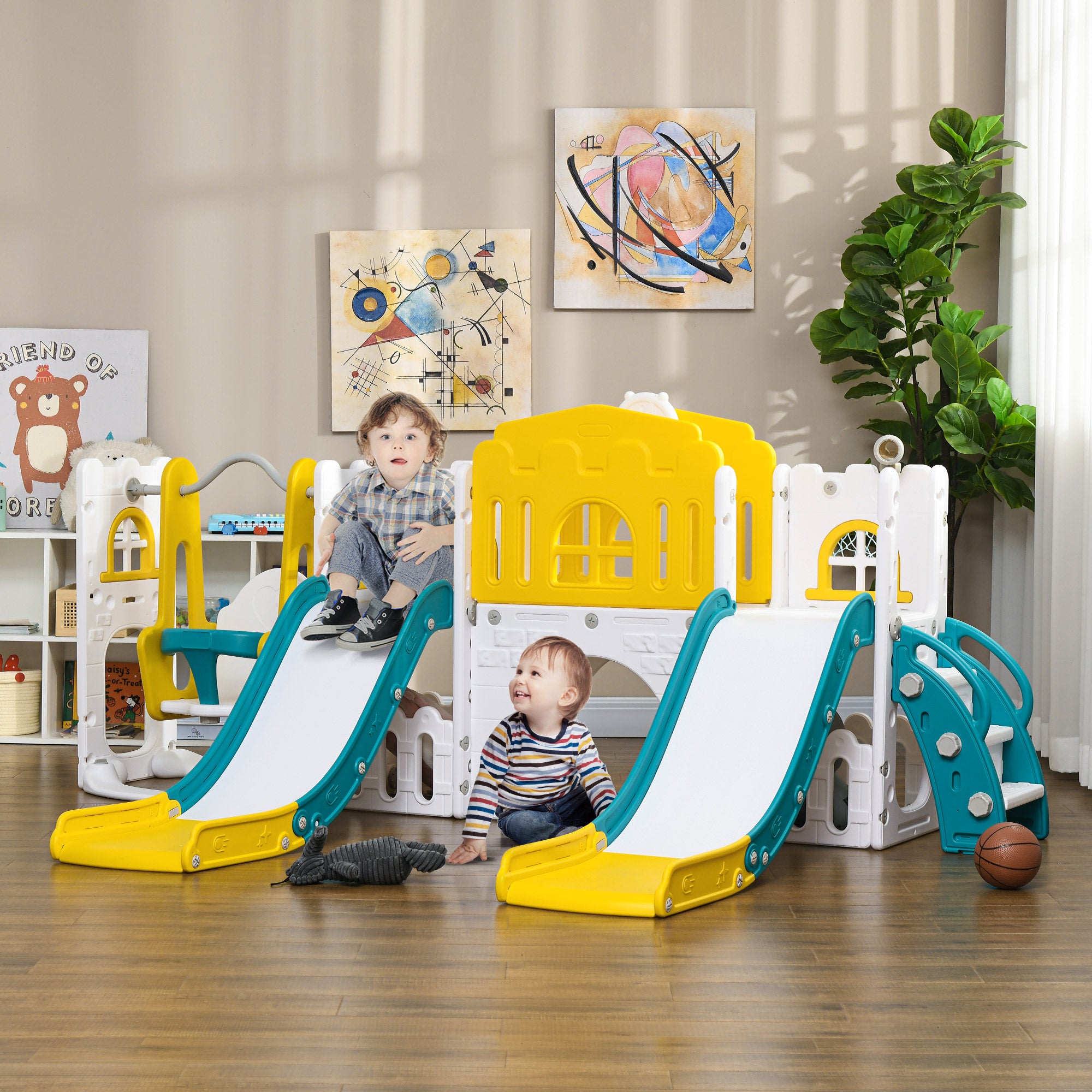 8 in 1 Slide and Swing Set, Baby Swing Set with Basketball Hoop, Climber, Steering Wheel, for Aged 1-3 Years, Yellow Gym Sets & Swings at Gallery Canada