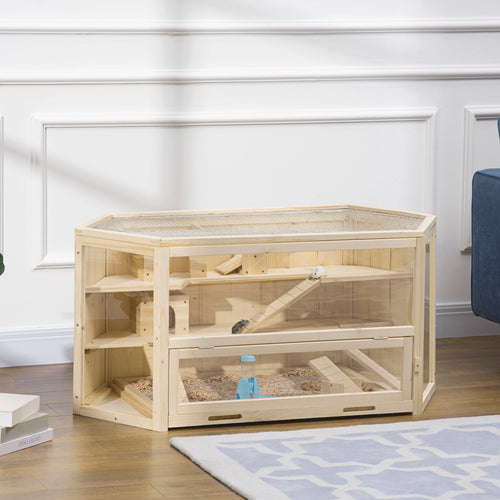 Wooden Large Hamster Cage Mouse Rats Small Animal Exercise Play House 3 Tier with Tray, Seesaws, Water Bottle