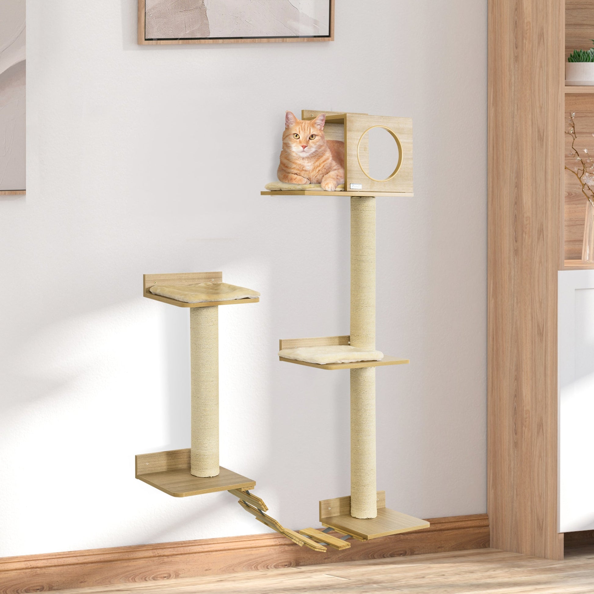 Wall Mounted Cat Tree with Scratching Post Condo Bridge Cushion Cat Climbing Shelves Furniture, Yellow Cat Climbing Wall   at Gallery Canada